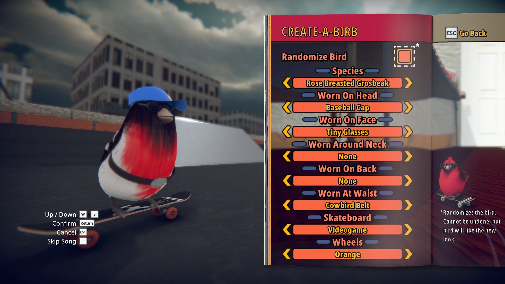 The create-a-birb menu screen in Skatebird