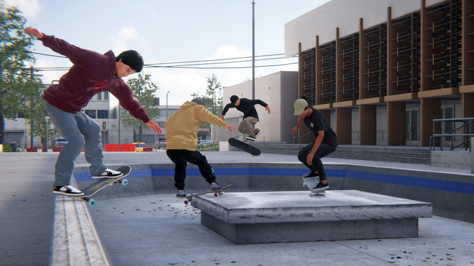 Four people skating together outside a building in a Skater XL multiplayer beta screenshot.