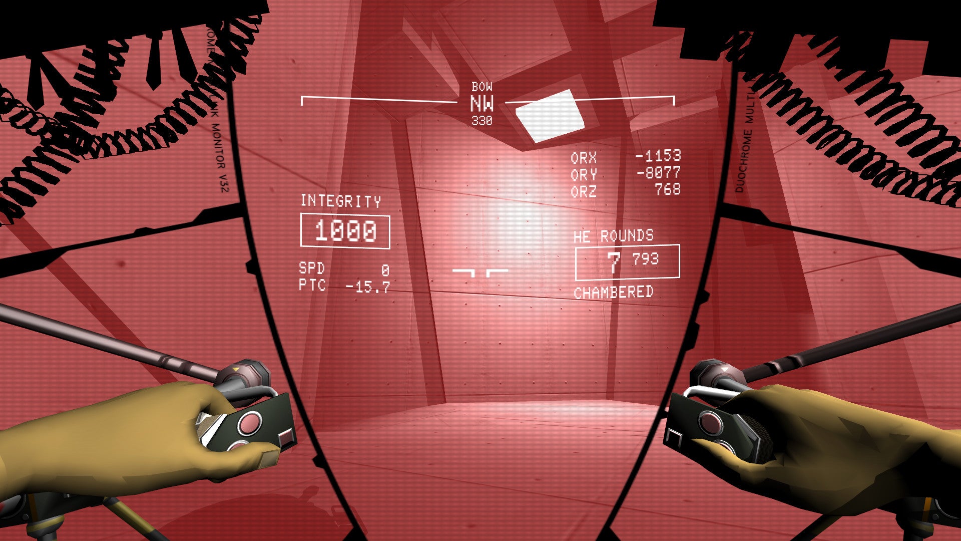 A screenshot of first-person shooter Skin Deep showing an electronic display inside the cockpit of a mech.