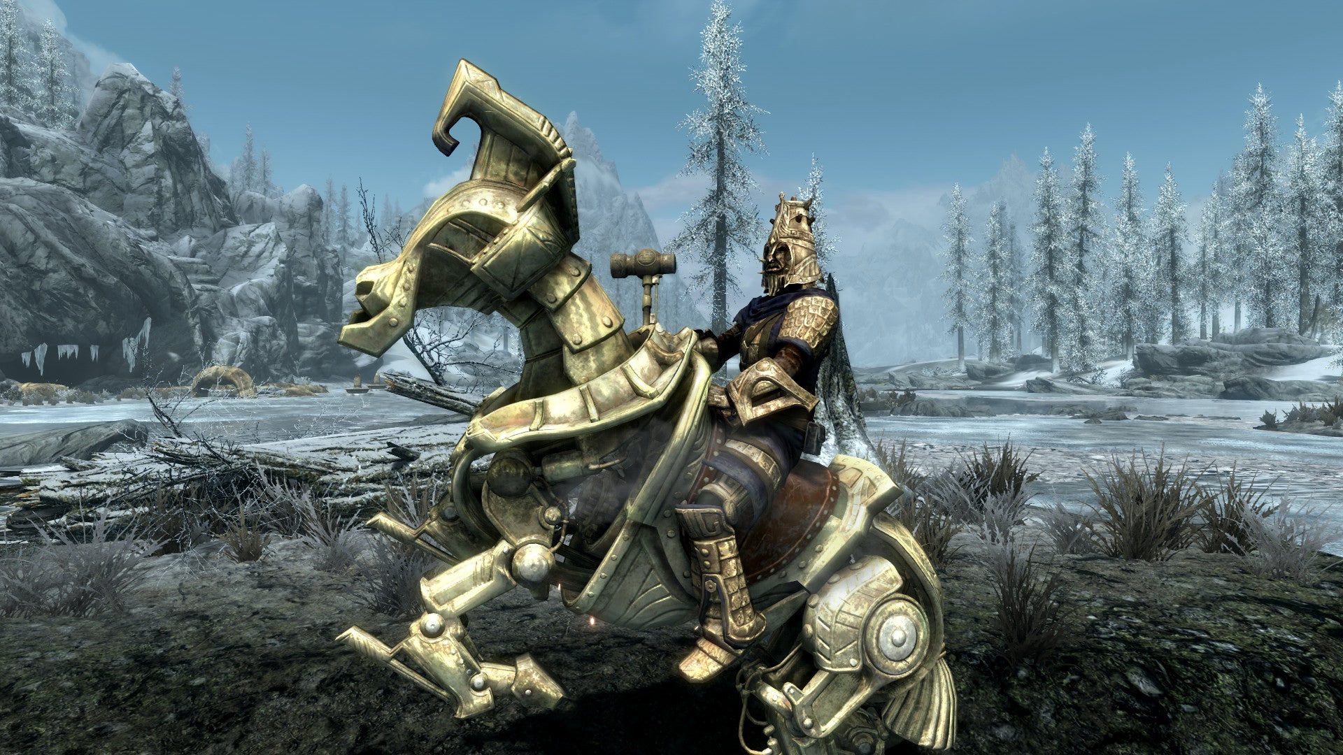 Riding a mechanical horse in a The Elder Scrolls V: Skyrim Anniversary Edition screenshot.