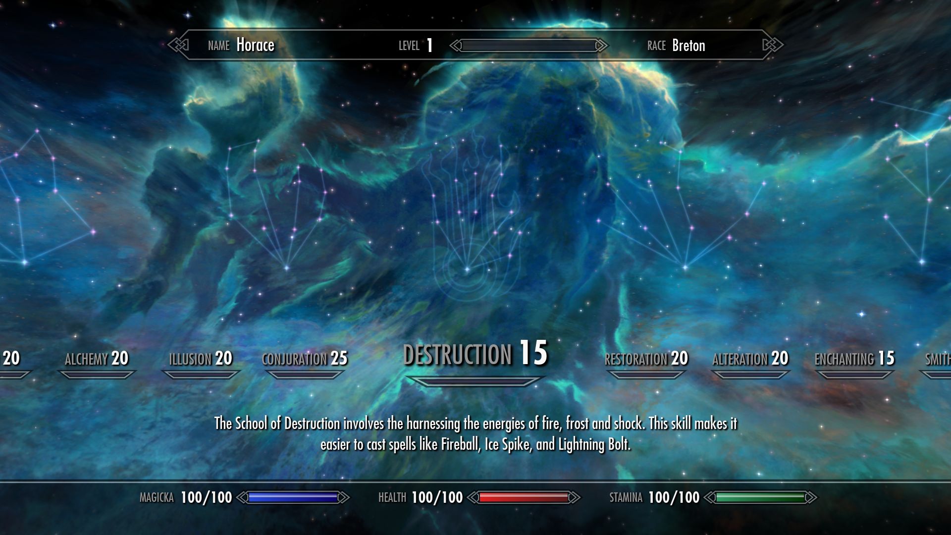 Der Skill-Bildschirm in The Elder Scrolls V: Skyrim, wo verschiedene Fähigkeiten als Konstellationen dargestellt werden