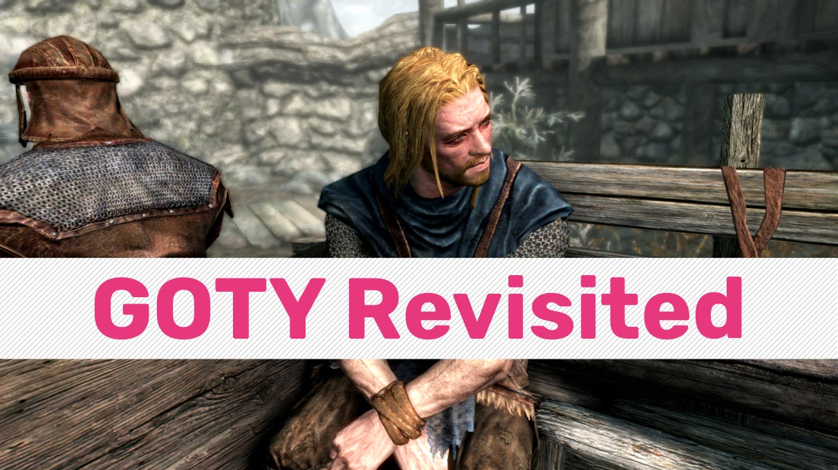 A screenshot from the opening of The Elder Scrolls V: Skyrim, showing the  blond Stormcloak rebel tied up in the back of a cart. A test banner reading 'GOTY Revisited' in pink is superimposed on the image