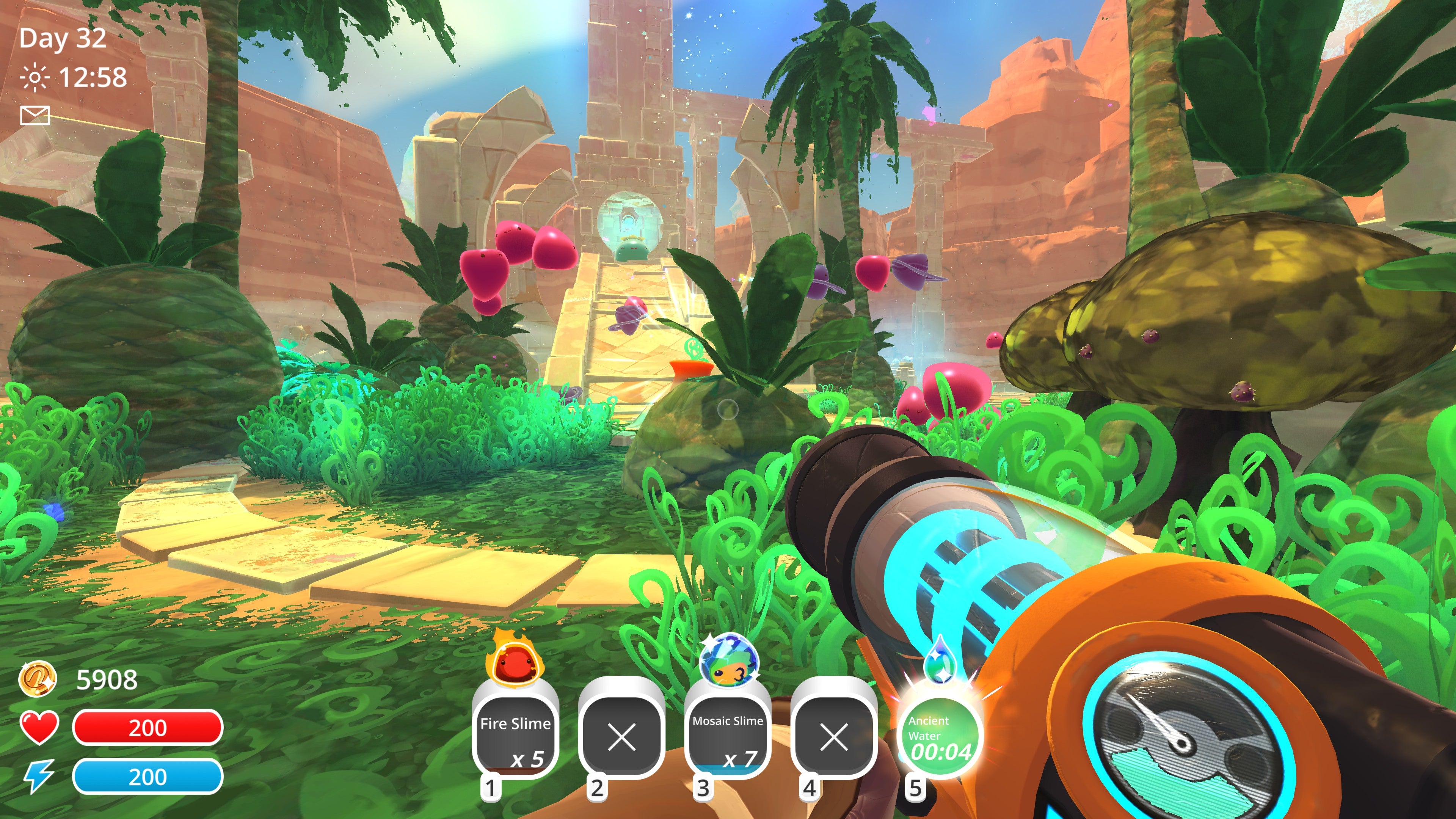Approaching a group of pink slimes in a forest in Slime Rancher