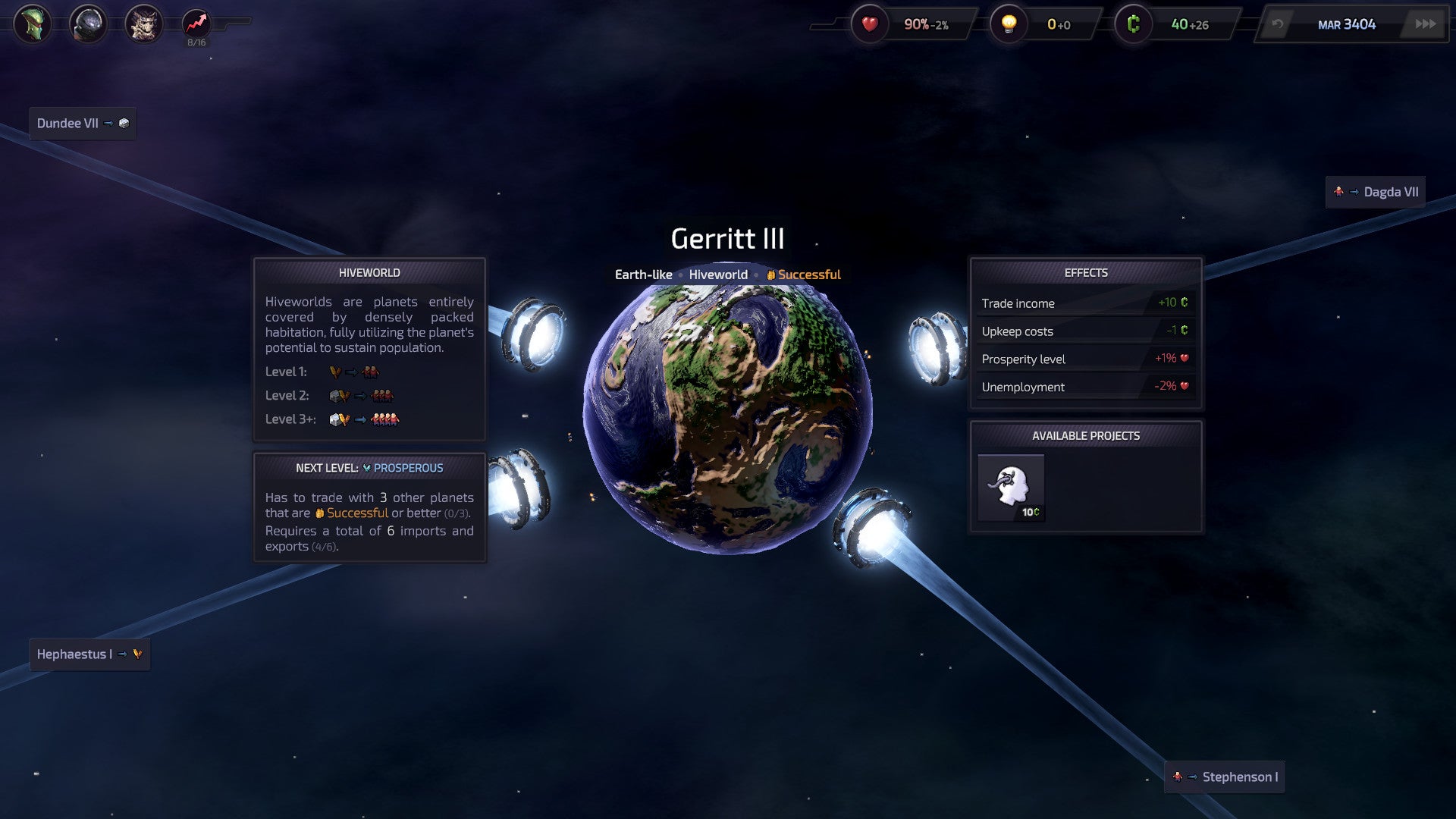 A screenshot of Slipways, showing a planet in close-up with four warp gates attached to it.
