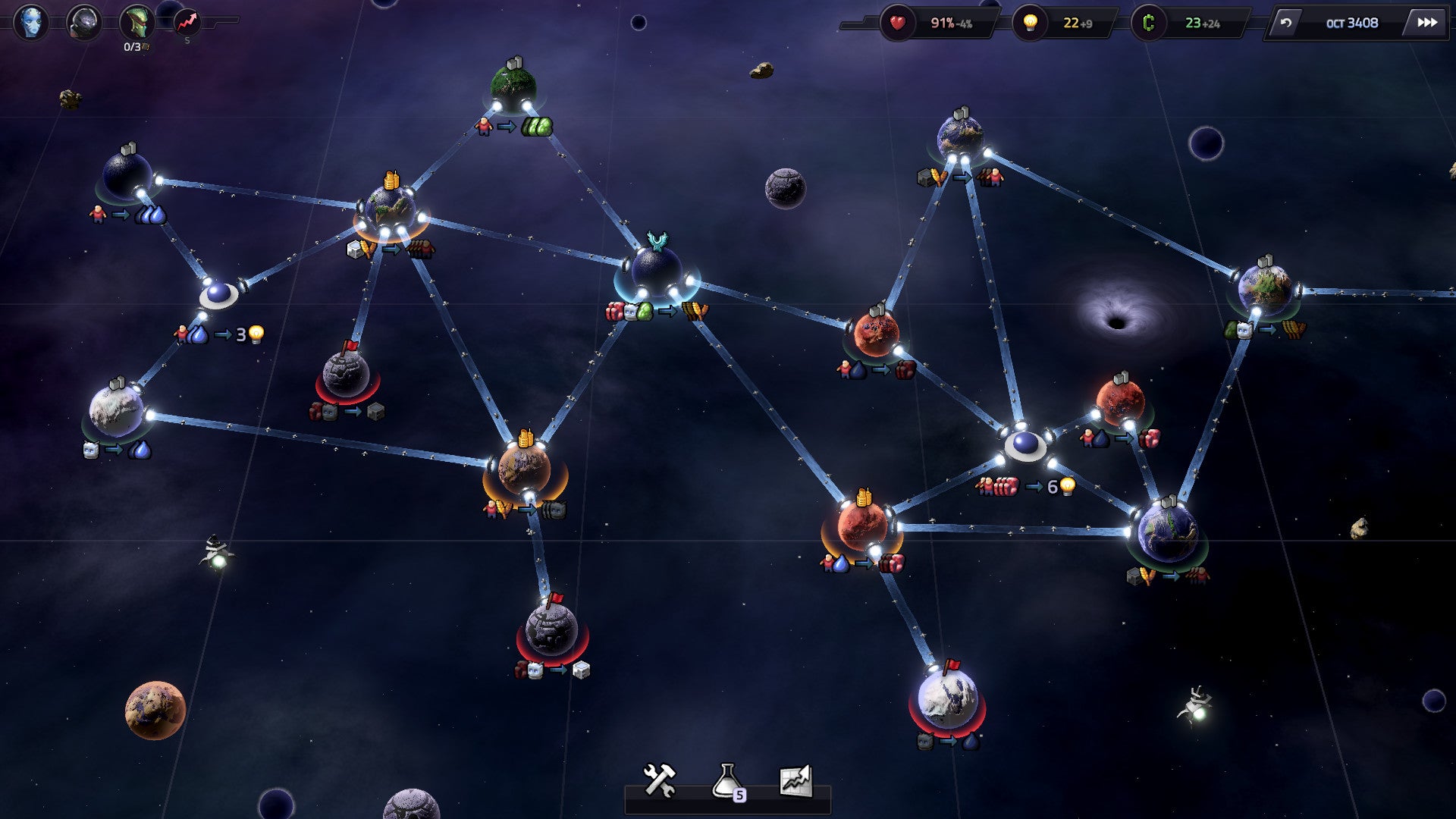 A screenshot of Slipways, showing a group of small planets in space with paths - slipways - connecting them.