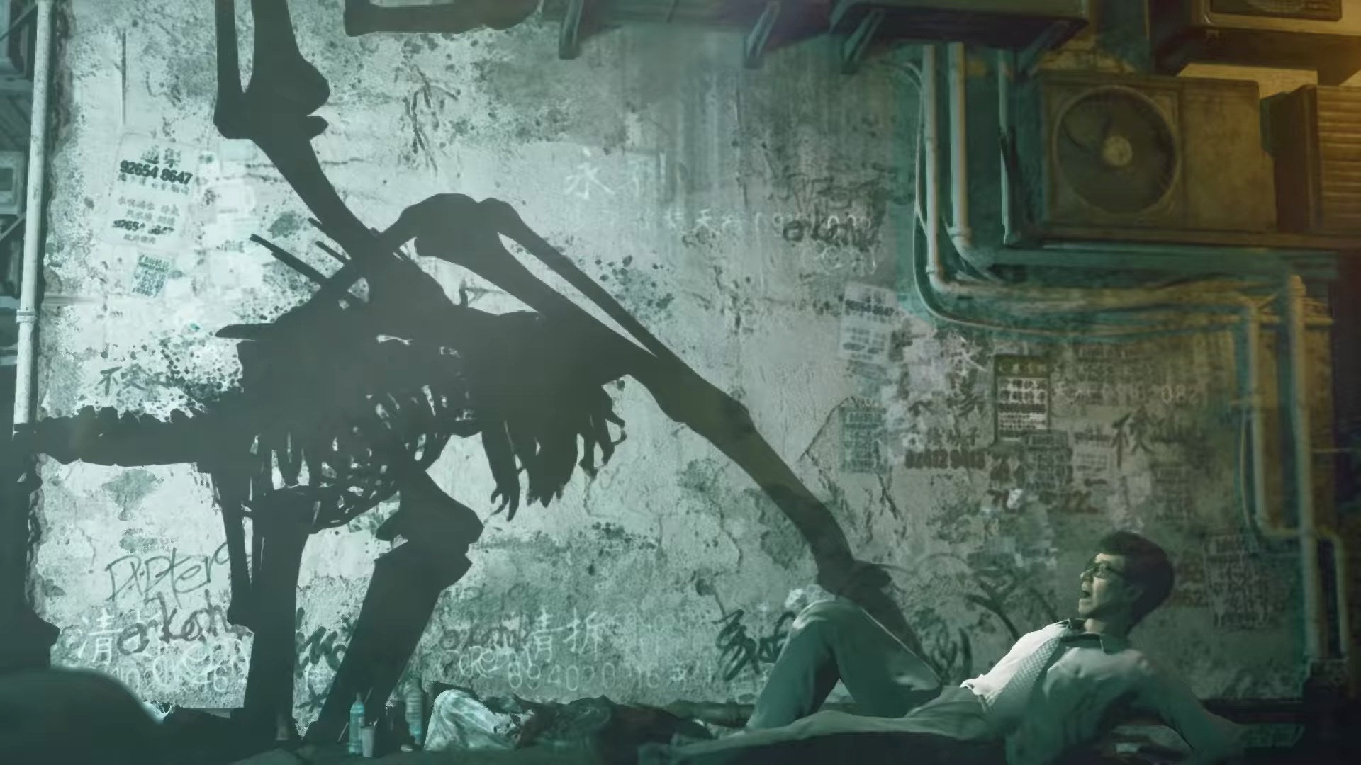 A man horrified on the floor before a silhouetted skeletal monster in Slitterhead's teaser trailer.