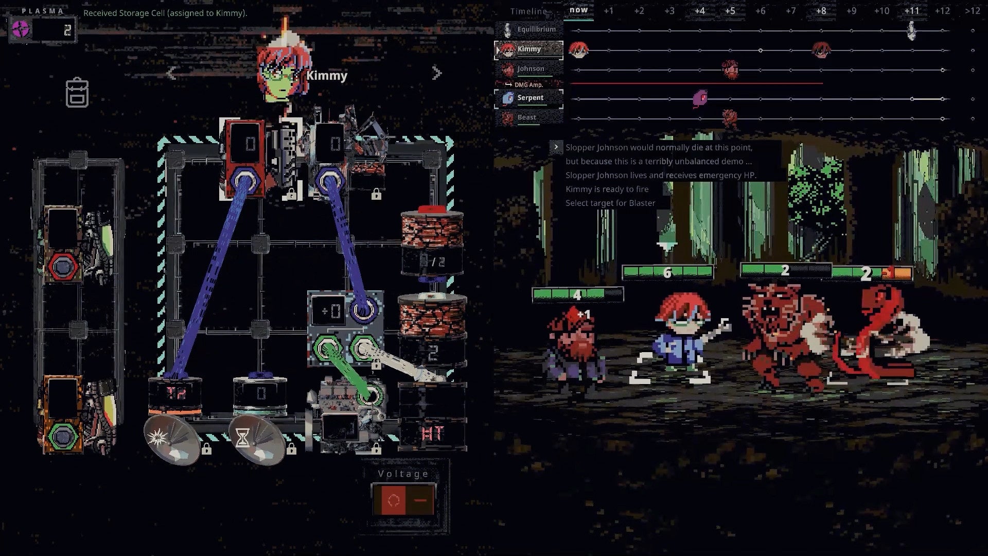 A grungy pixel art style shows a wired-up modular machine on the left and a turn-based RPG-style party battle on the right in Slopper Johnson: Graviton Agent.