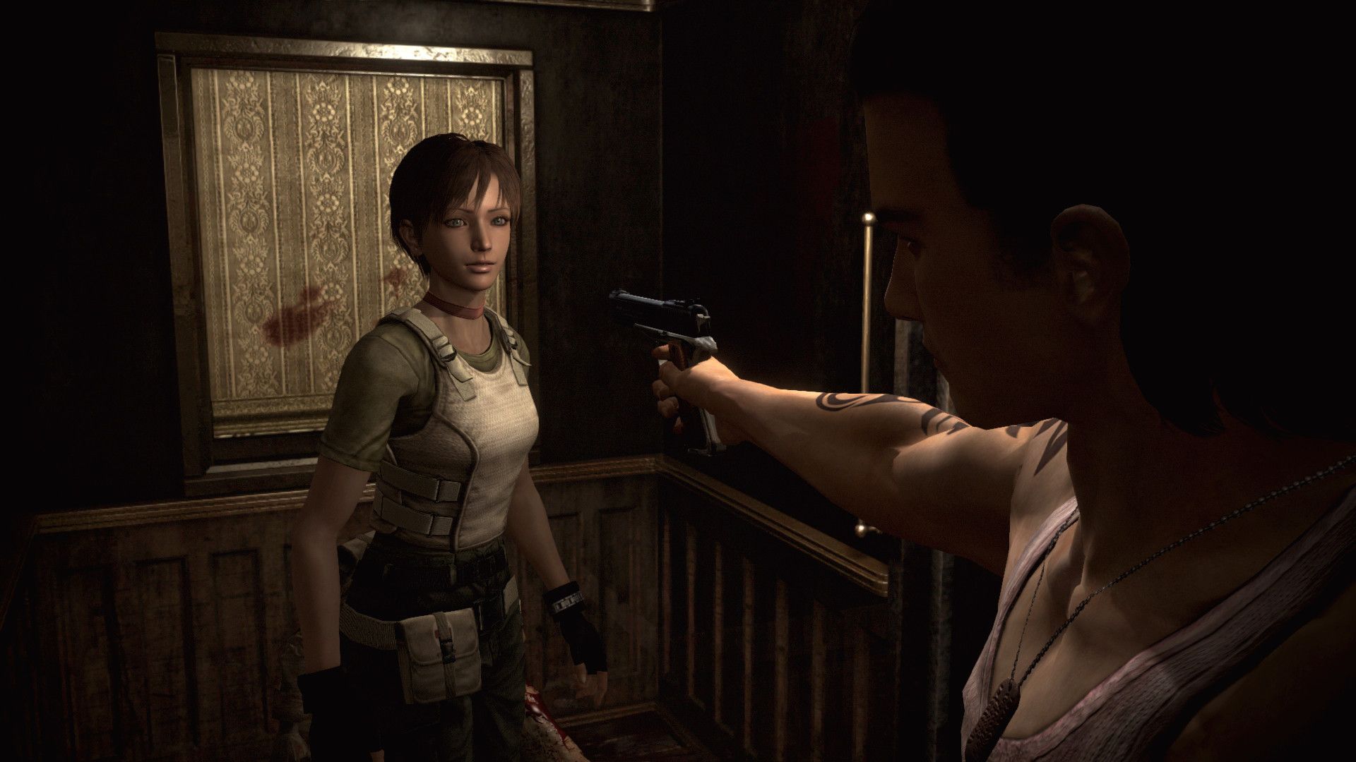 Billy Coen points a gun at Rebecca Chambers in Resident Evil 0