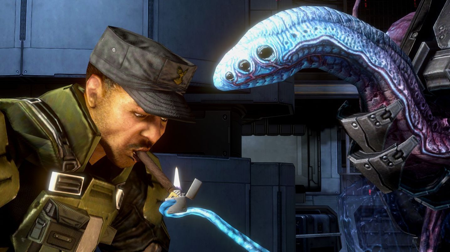 Sgt Johnson has his cigar lit by an alien in Halo