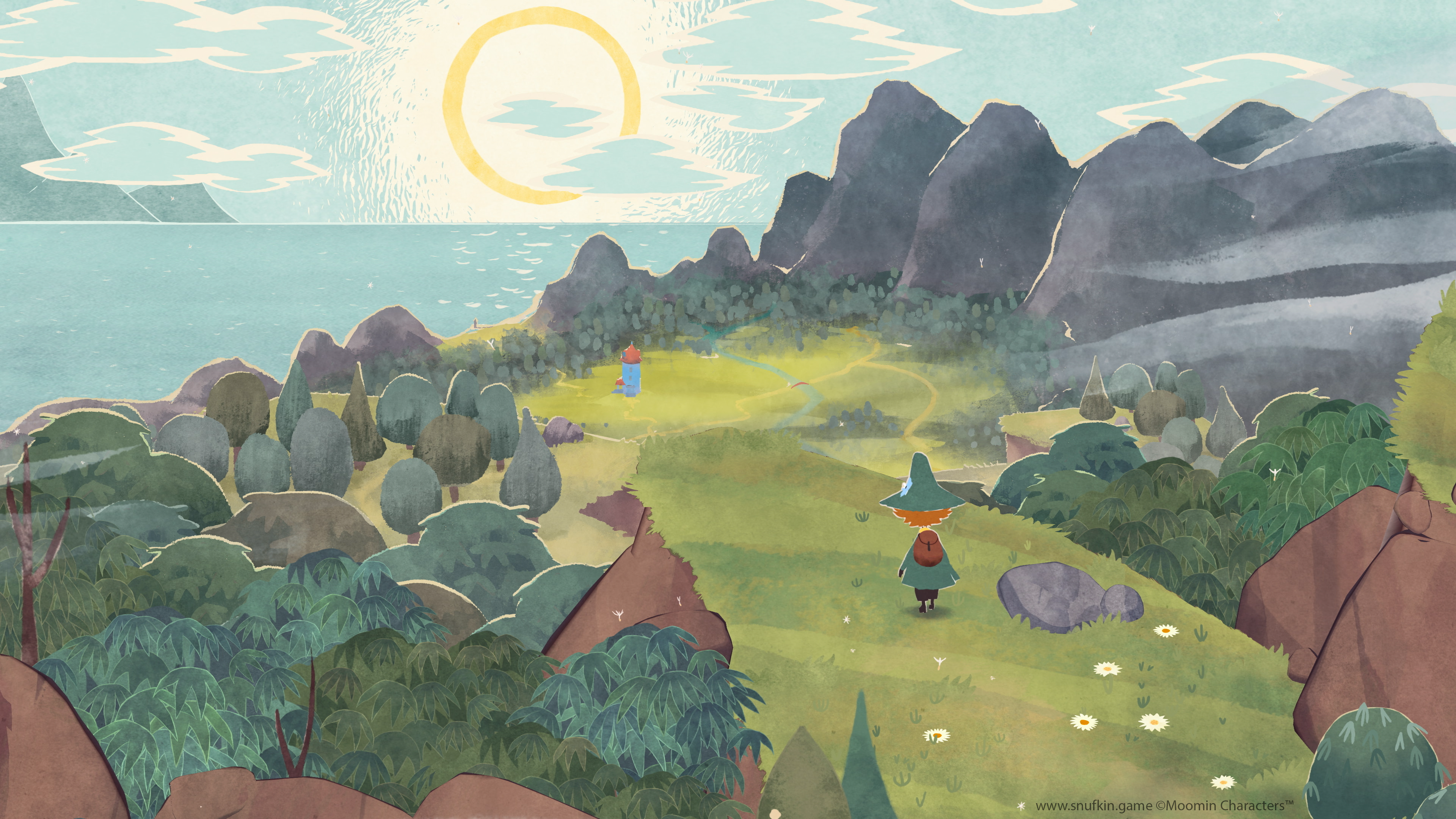 Snufkin looks down over Moominvalley in a Snufkin: Melody of Moominvalley screenshot.