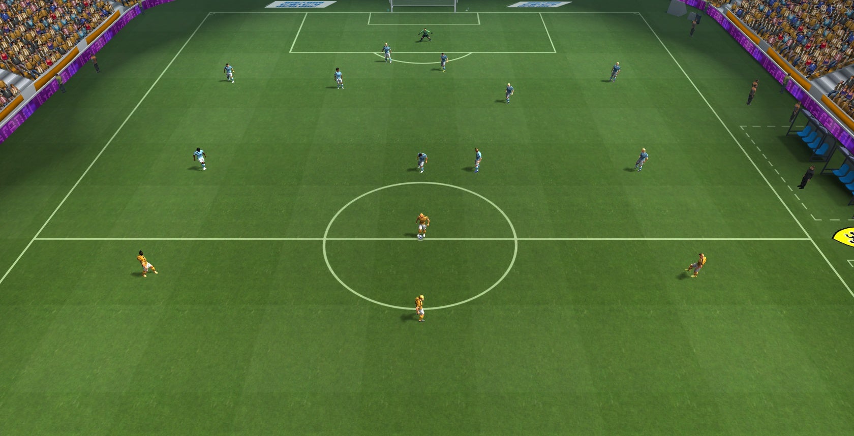 A screenshot of Sociable Soccer, showing a football pitch from above with players standing around.