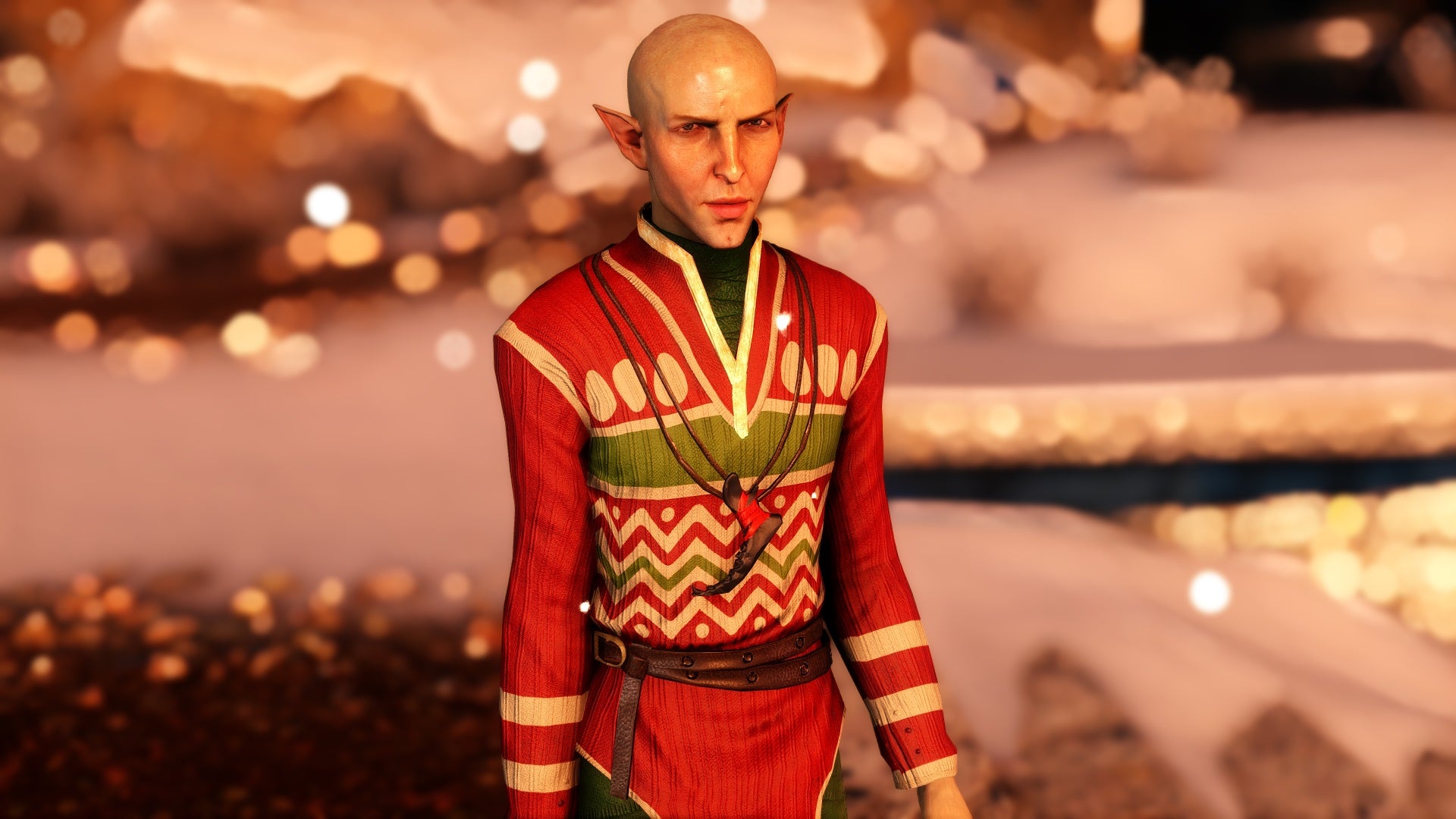 Dragon Age: Inquisition's Solas wearing an ugly Christmas sweater and frowning.