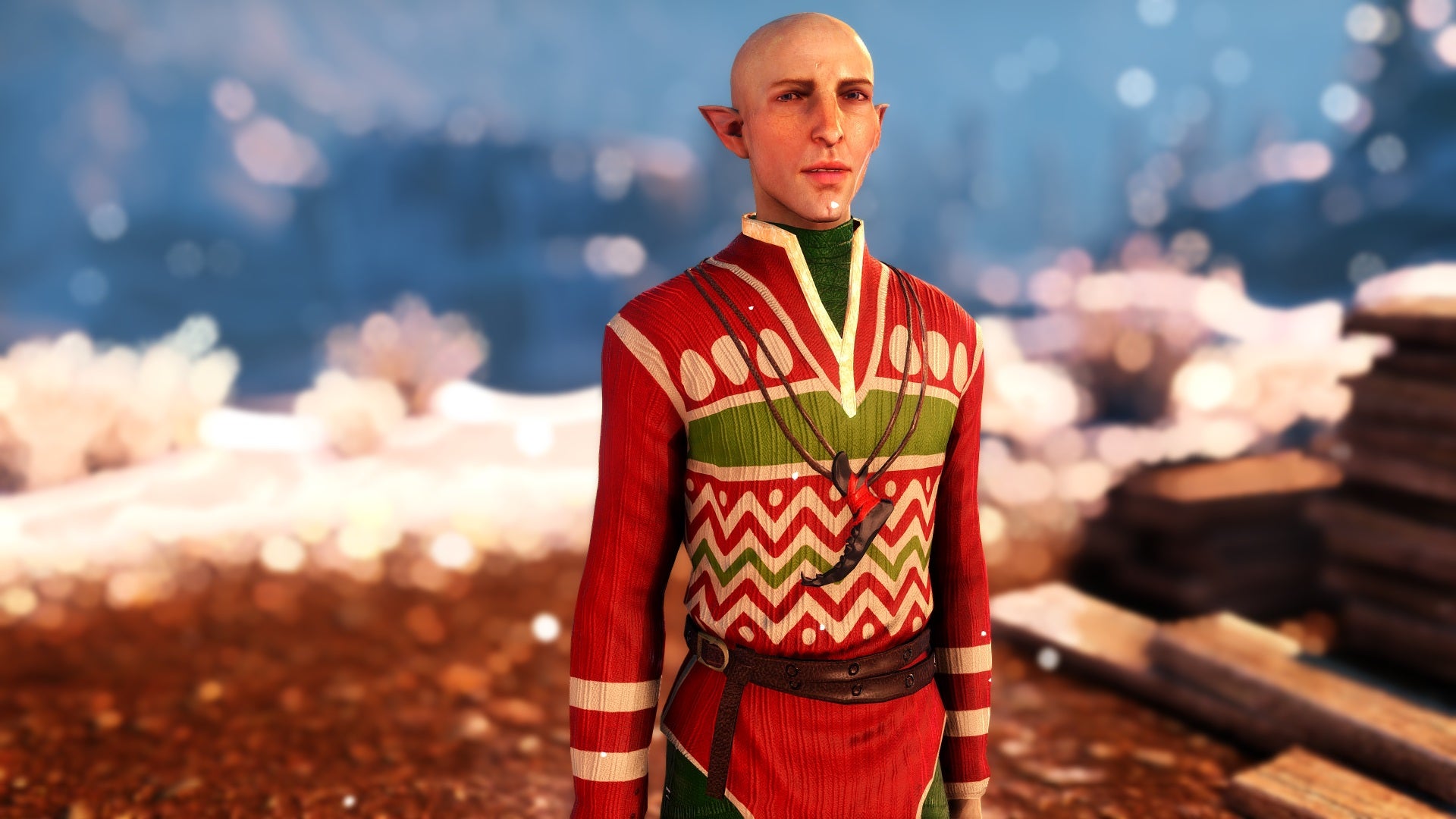 Dragon Age: Inquisition's Solas wearing an ugly green, red and white Christmas jumper.
