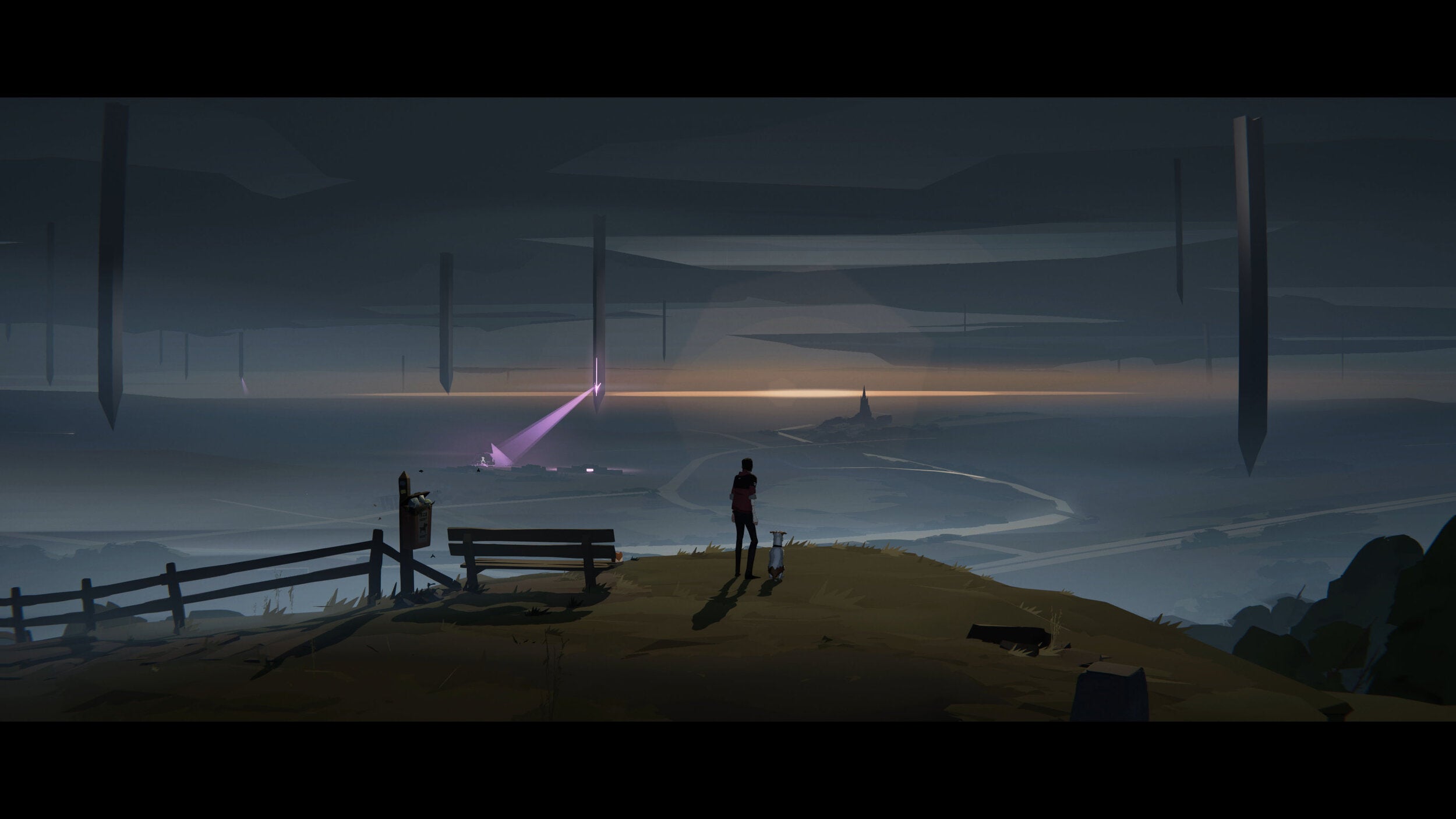 A screenshot of Somerville with a man and his dog looking out at sea, with a sky filled with alien monoliths