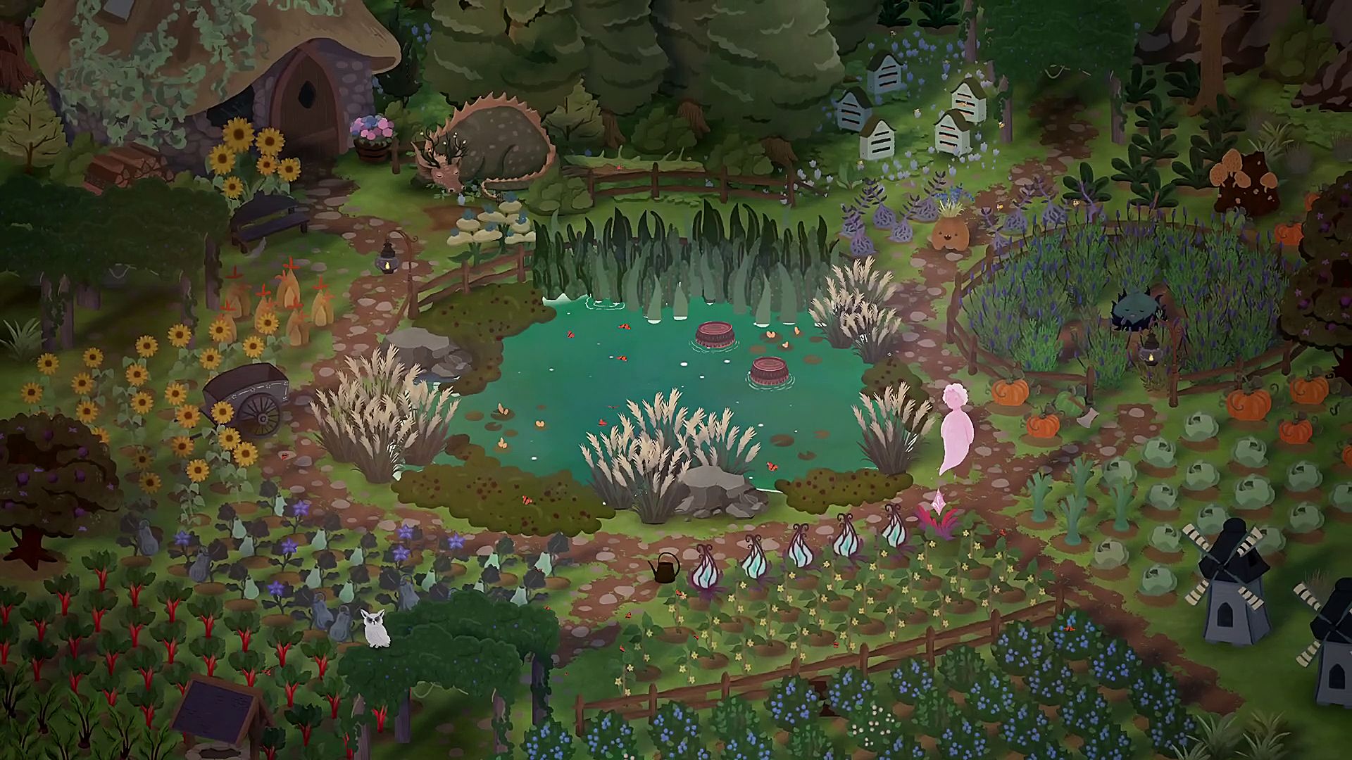 Uma captura de tela do próximo RPG mágico Songs Of Glimmerwick, mostrando um estranho jardim cheio de plantas estranhas, todas dispostas em torno de um lago no centro