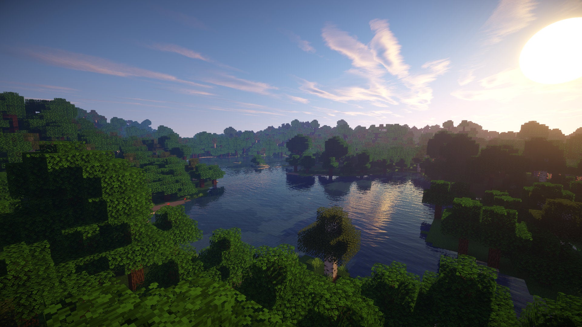 A Minecraft screenshot of a landscape with Sonic Ether's Unbelievable Shaders enabled.