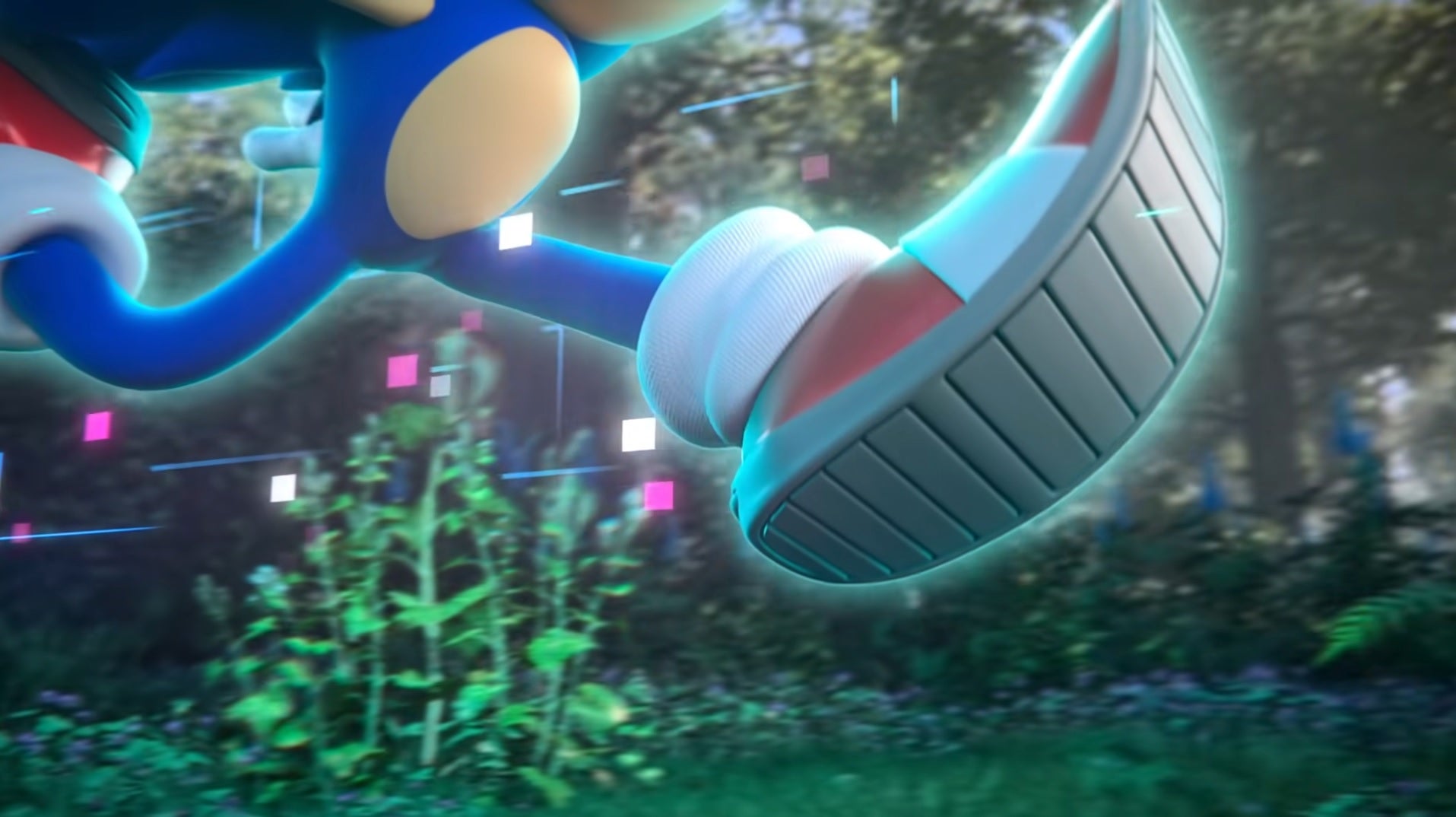 Sonic teaser for 2022 game - Animated 3D Sonic's torso and shoes as visible surrounded by digital-looking purple artifacts in a mostly realistic-looking forest.