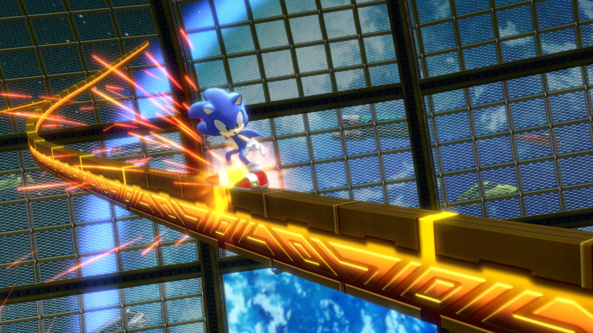 Sonic grinds on a rail in Sonic Colours Ultimate.
