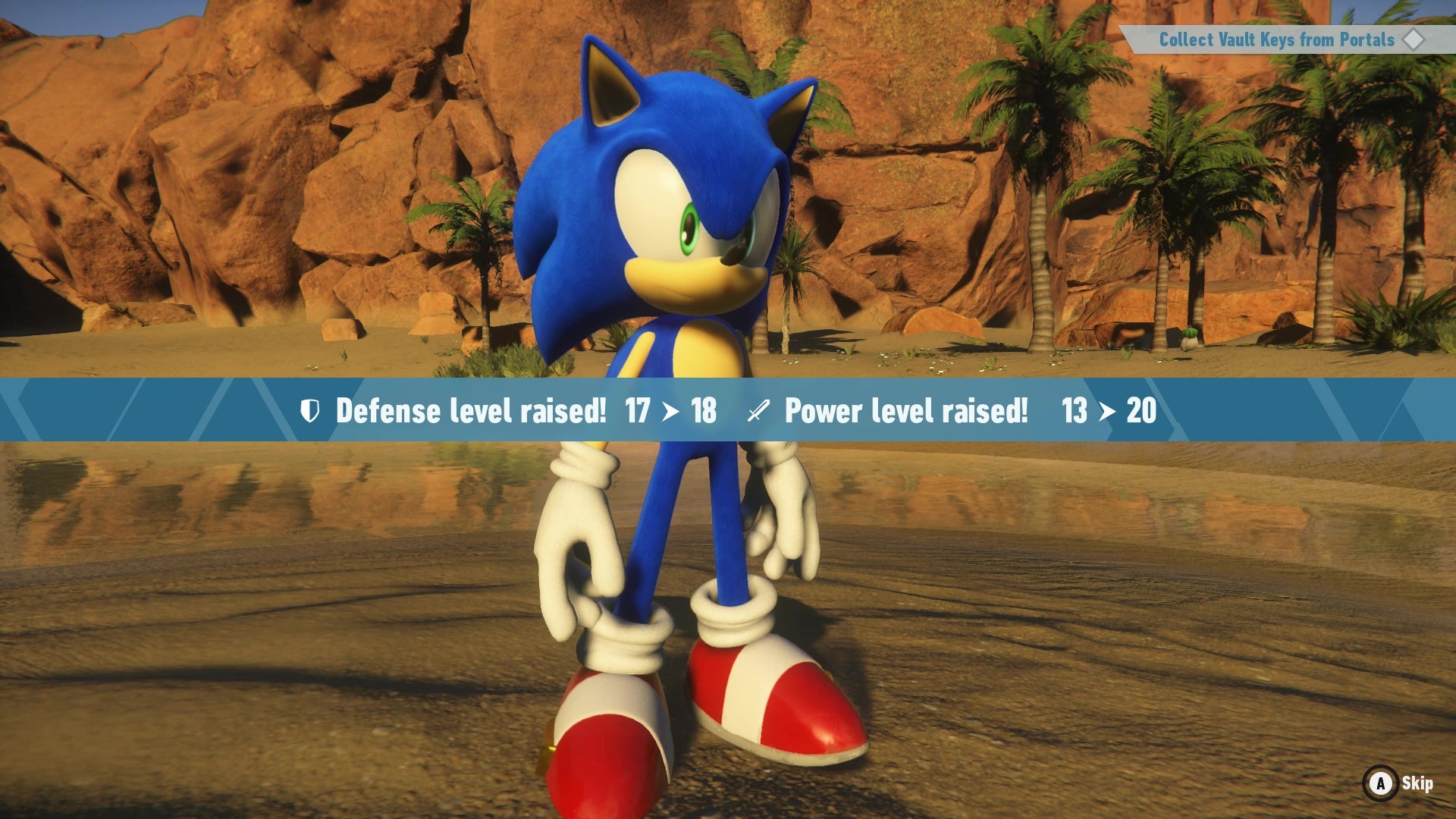 Sonic upgrades his defense and attack stats in Sonic Frontiers.