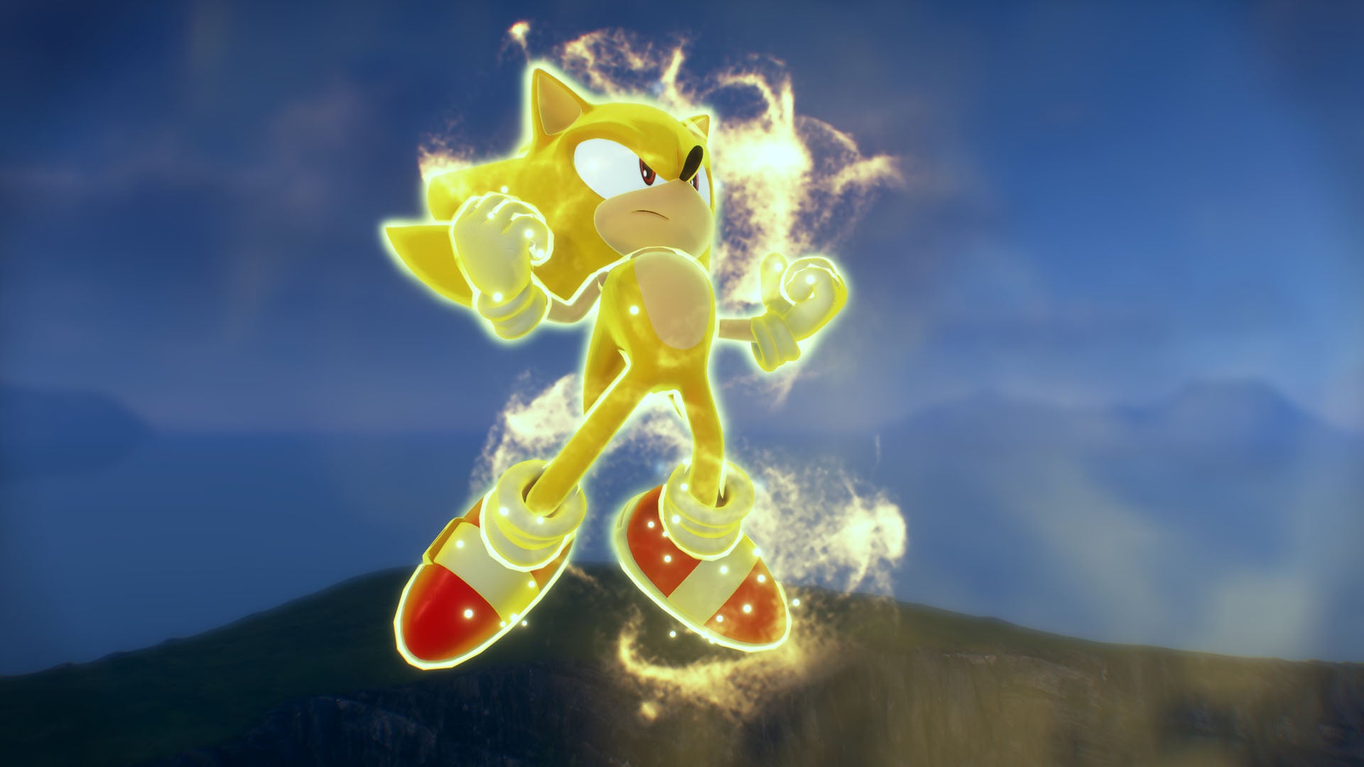 Sonic turns into an electric yellow "Super Sonic" in Sonic Frontiers.