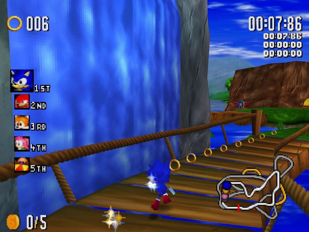 Sonic taking a corner on a bridge by a waterfall in Sonic R