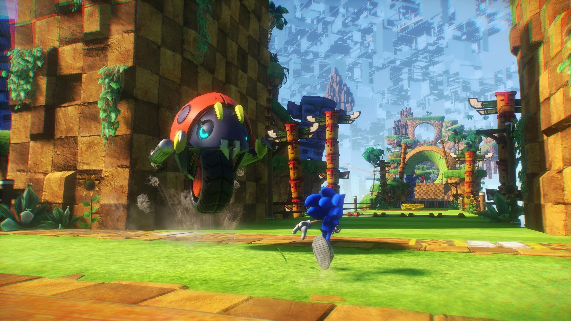 Sonic blasts through a Cyberspace level modelled after Green Zone in Sonic Frontiers.