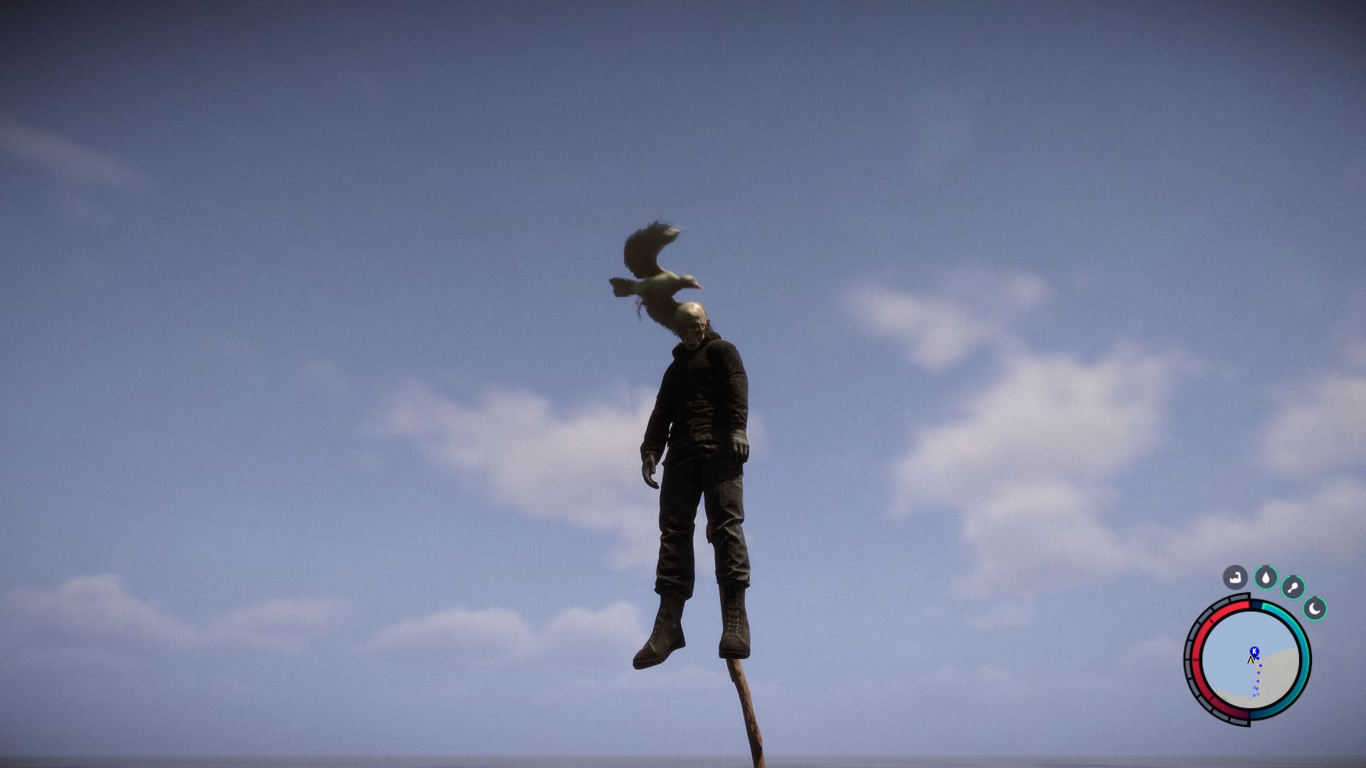A screenshot of Sons Of The Forest showing a man's body impaled on a spike, with a seagull worrying his head