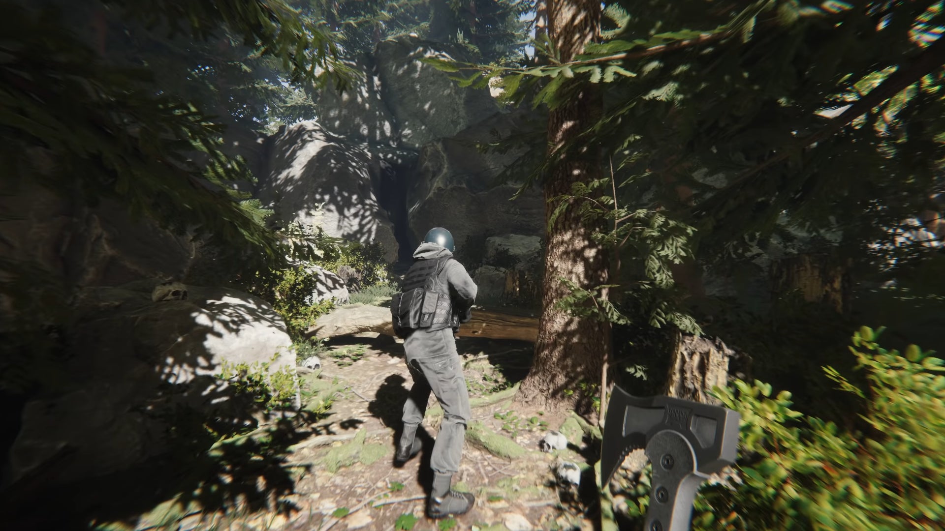 The player in Sons Of The Forest follows an allied soldier through a pathway in the forest.