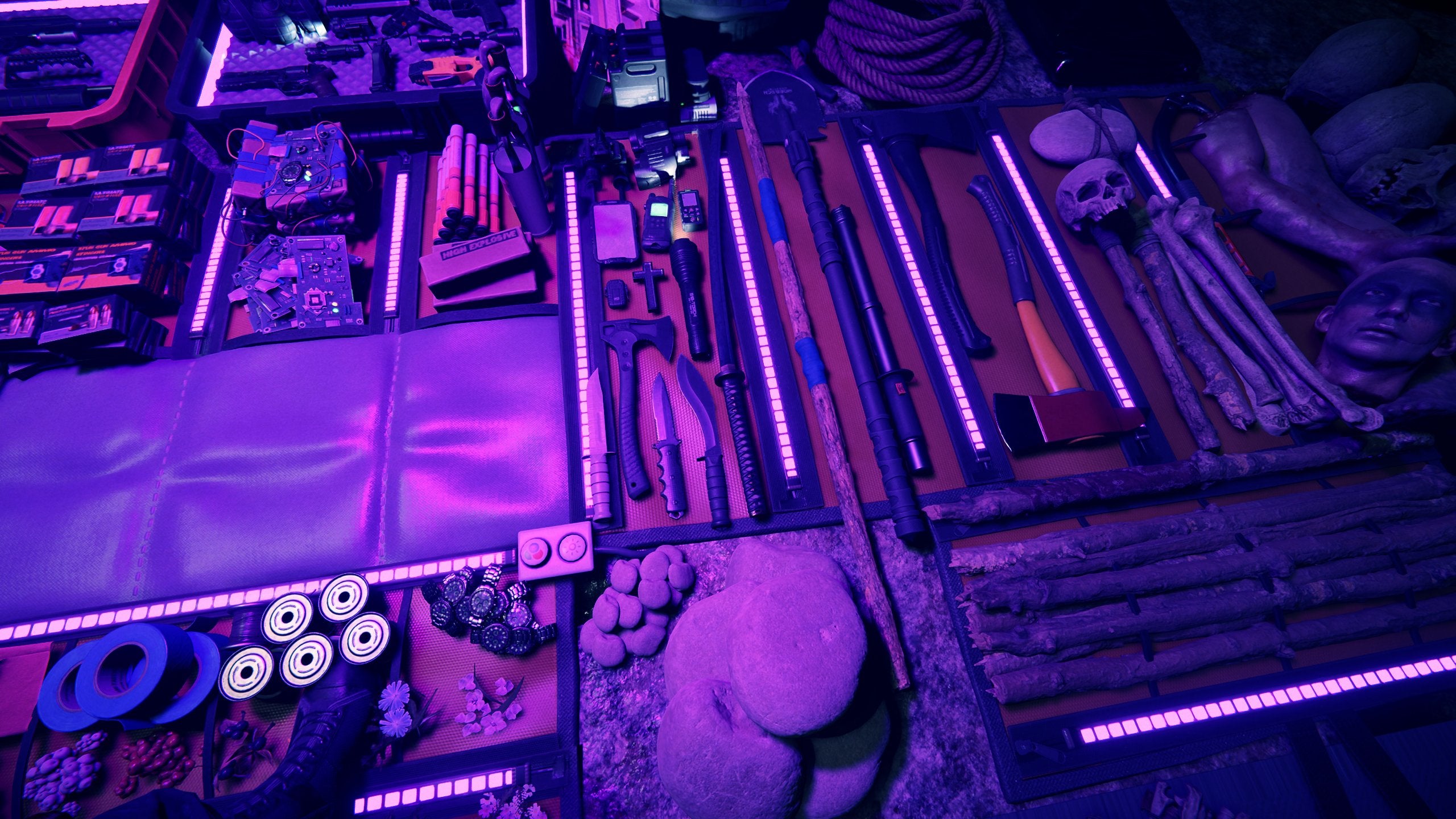 An impressive inventory of weapons and items under UV light in a Sons Of The Forest screenshot.