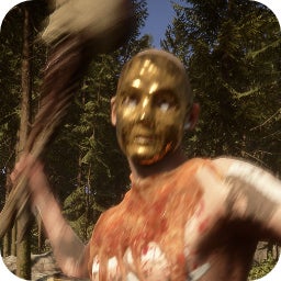 A cannibal wearing a golden mask raises his club to strike thet player in Sons Of The Forest.