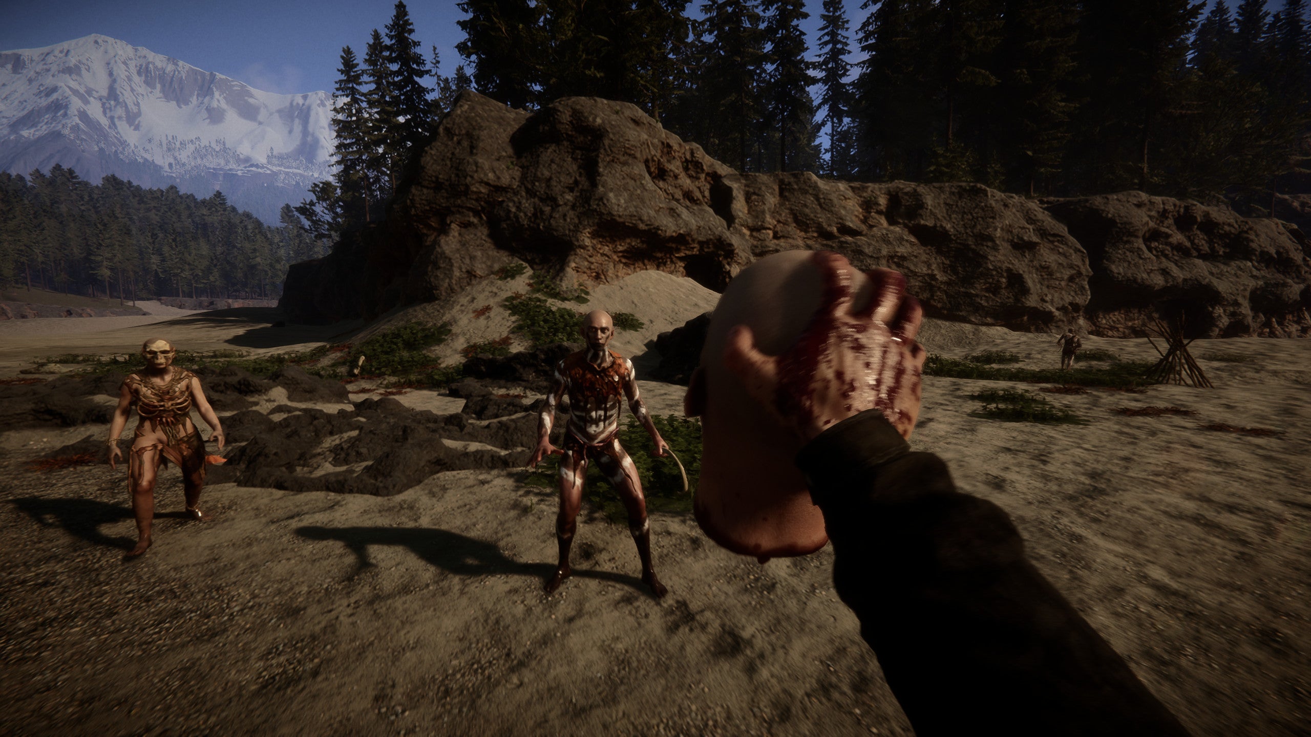 Brandishing a human head as a threat in a Sons of the Forest screenshot.