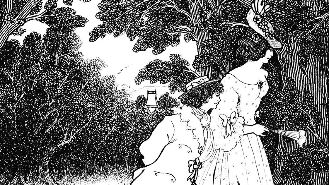A tall young woman with a hat and a fan walks in the woods near a village with a shorter young man wearing a boater at her side, from the poem The Three Musicians by Aubrey Beardsley.