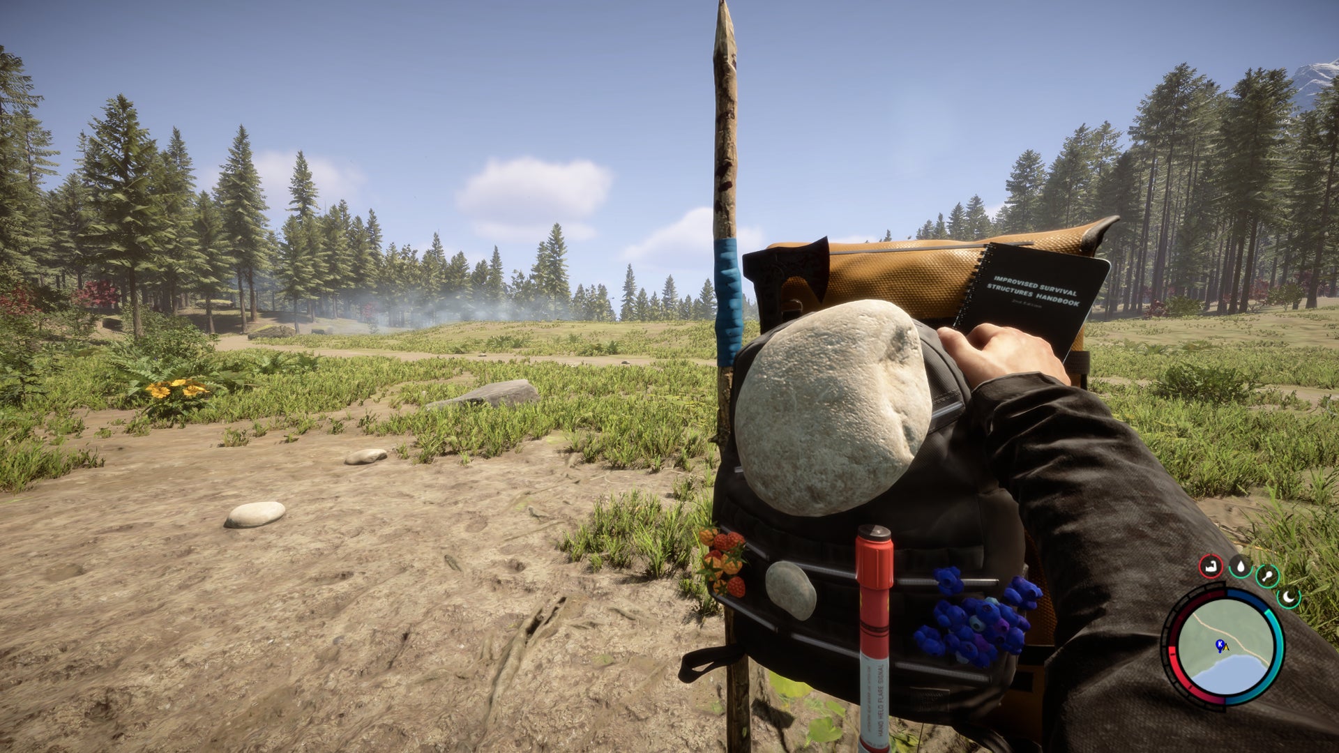 The player holds up their backpack in Sons Of The Forest.