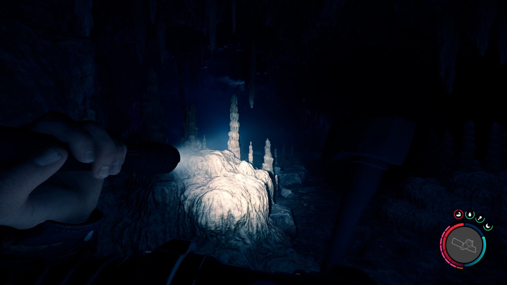 The player navigates a dark cave in Sons Of The Forest with their flashlight.