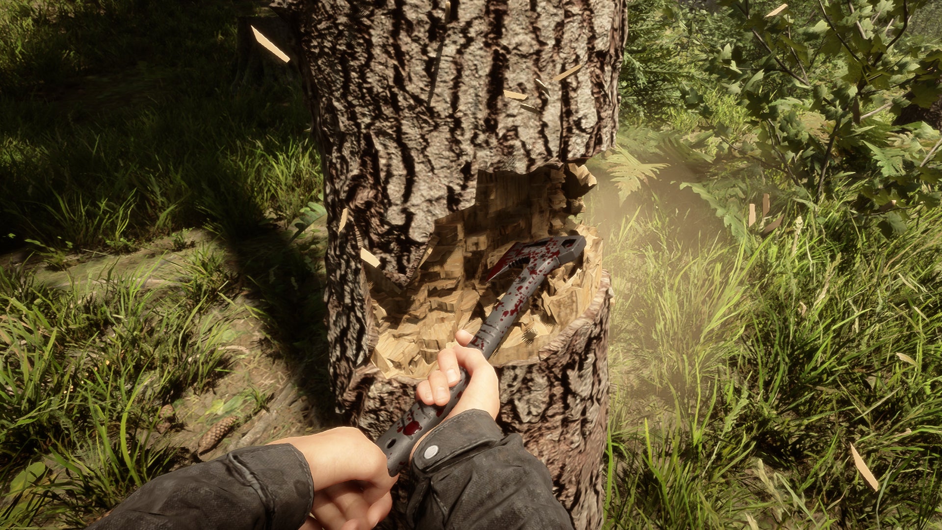 The player uses their axe to chop a tree down in Sons Of The Forest.