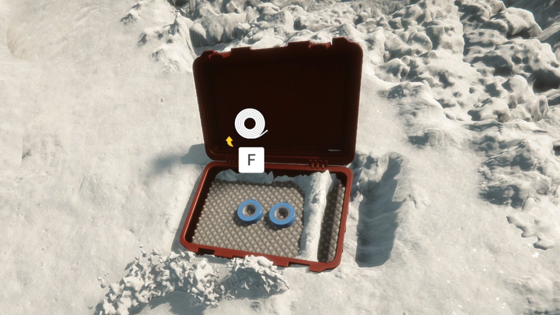 An open container with 2 Duct Tape inside, lying on the snow in Sons Of The Forest.