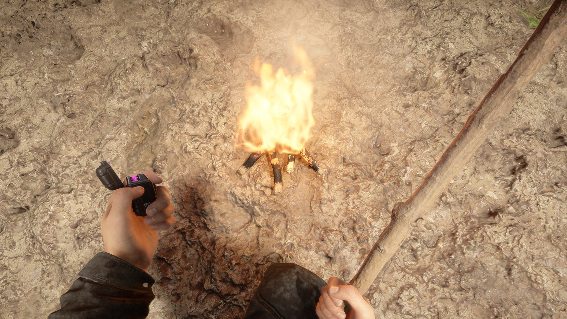 The player in Sons Of The Forest looks down at a just-made fire, holding a Stick and a Lighter.