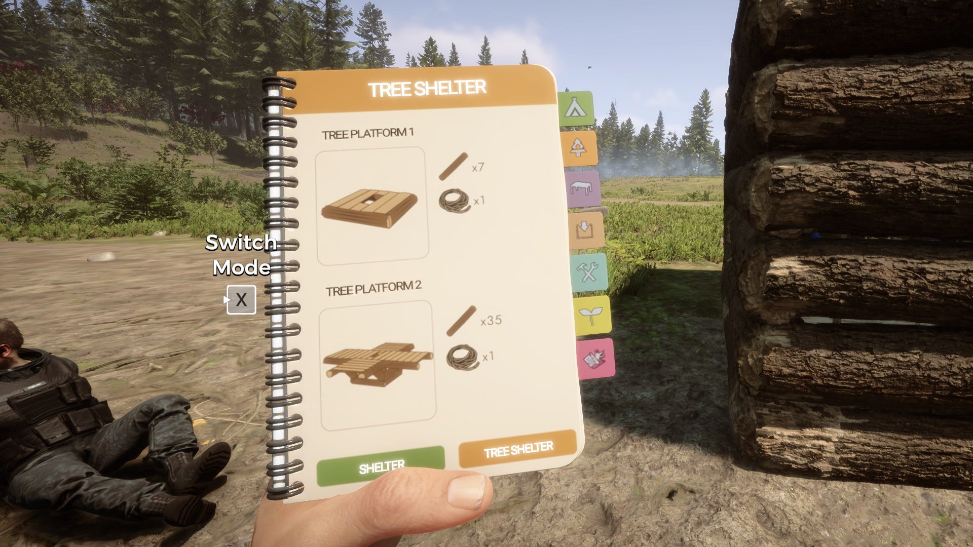 The player in Sons Of The Forest holds up their Guide Book to see what structures they can craft.