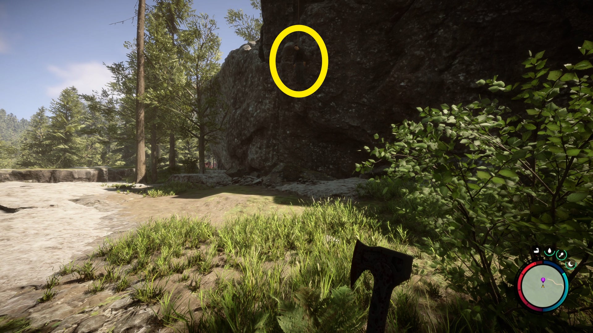 The player in Sons Of The Forest approaches a cliff with a corpse hanging down the cliffside. The corpse is highlighted with a yellow circle.