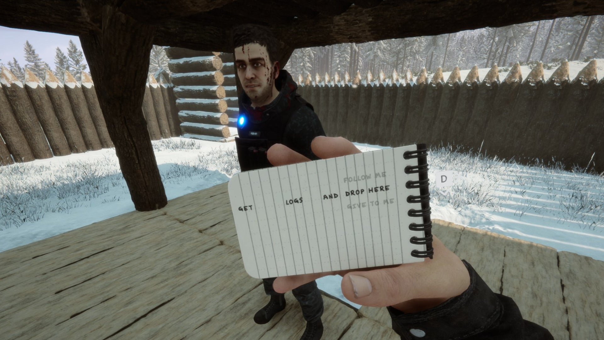 The player in Sons Of The Forest writes a note to Kelvin on their notepad, asking them to fetch logs.