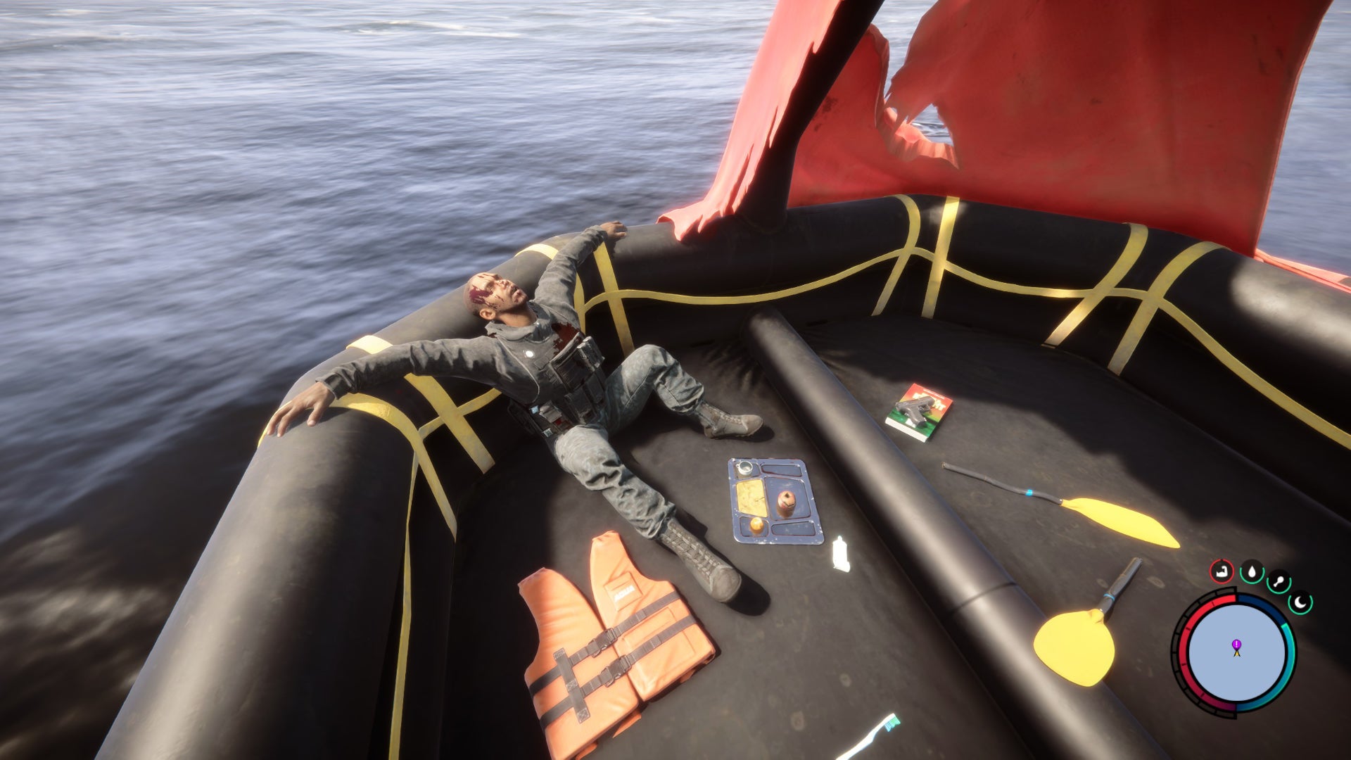 A corpse on a lifeboat in Sons Of The Forest.