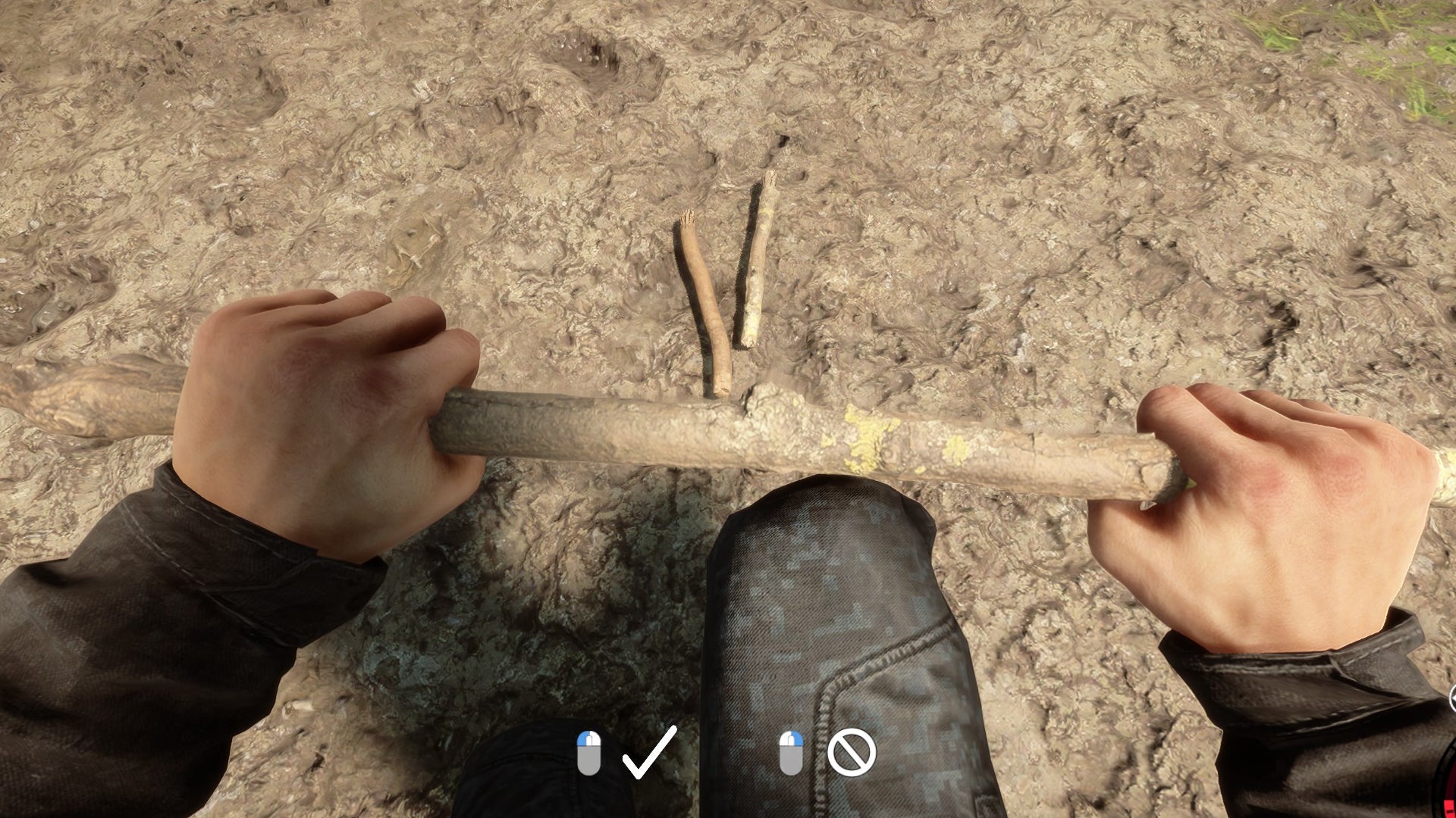The player in Sons Of The Forest snaps a Stick in half ready to make a fire.