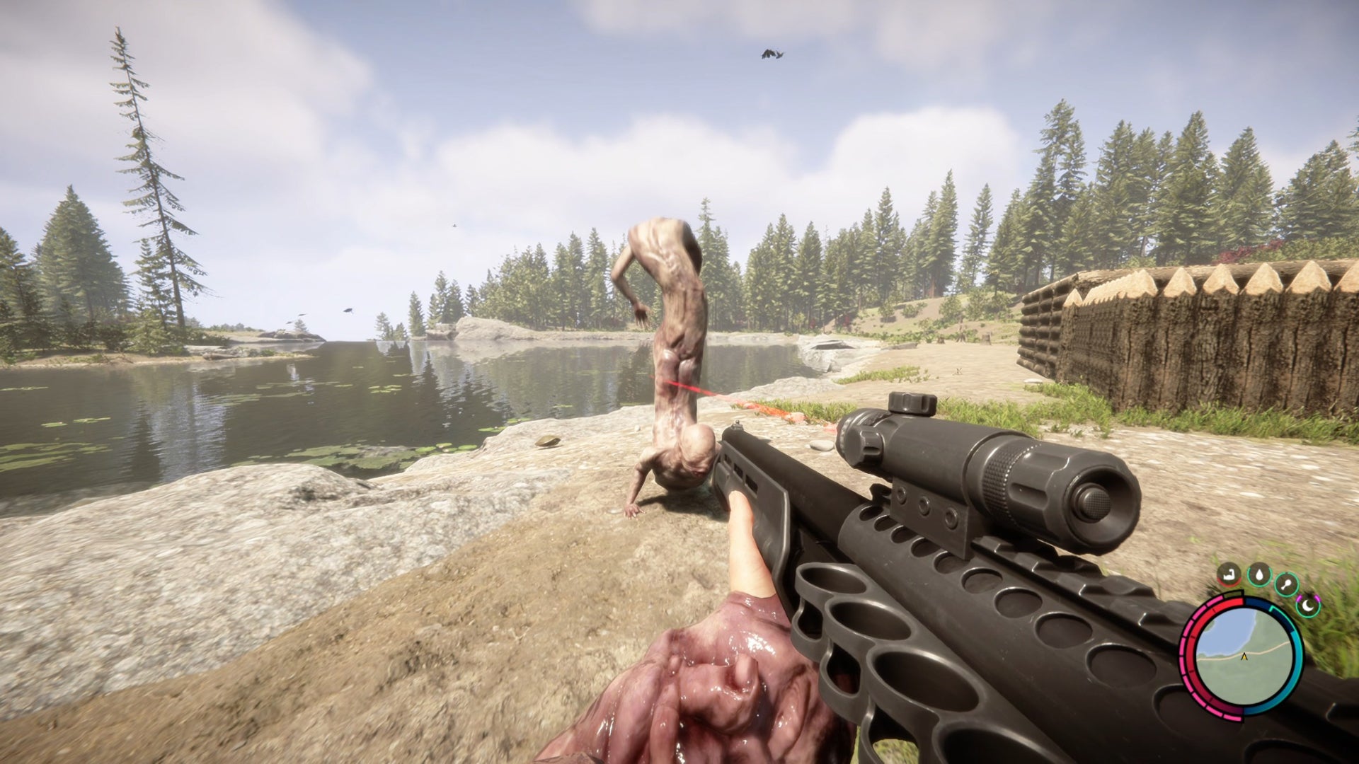 The player in Sons Of The Forest aims their shotgun at a large mutant next to their riverside house.