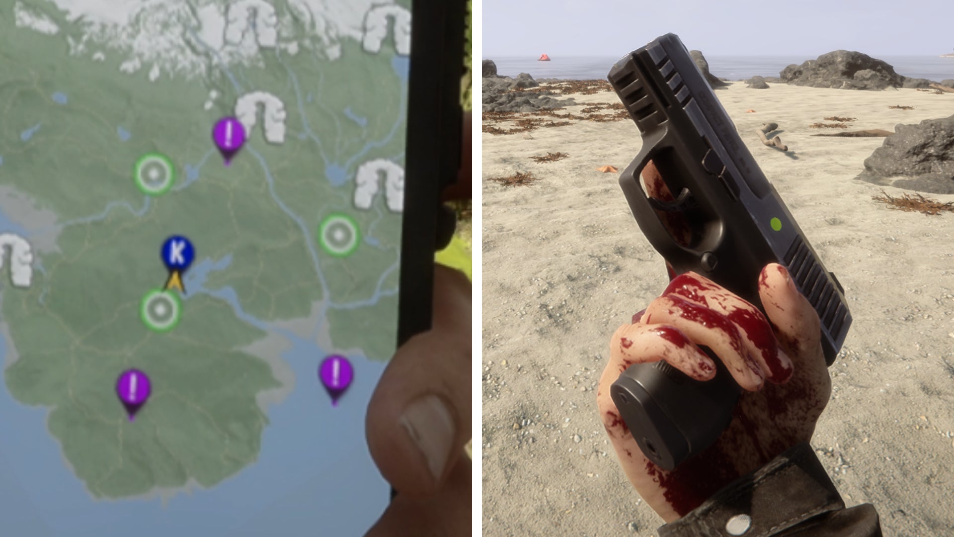 Left: a screenshot of the GPS map in Sons Of The Forest, showing the three purple markers on the map. Right: the player holds a Pistol on a beach.