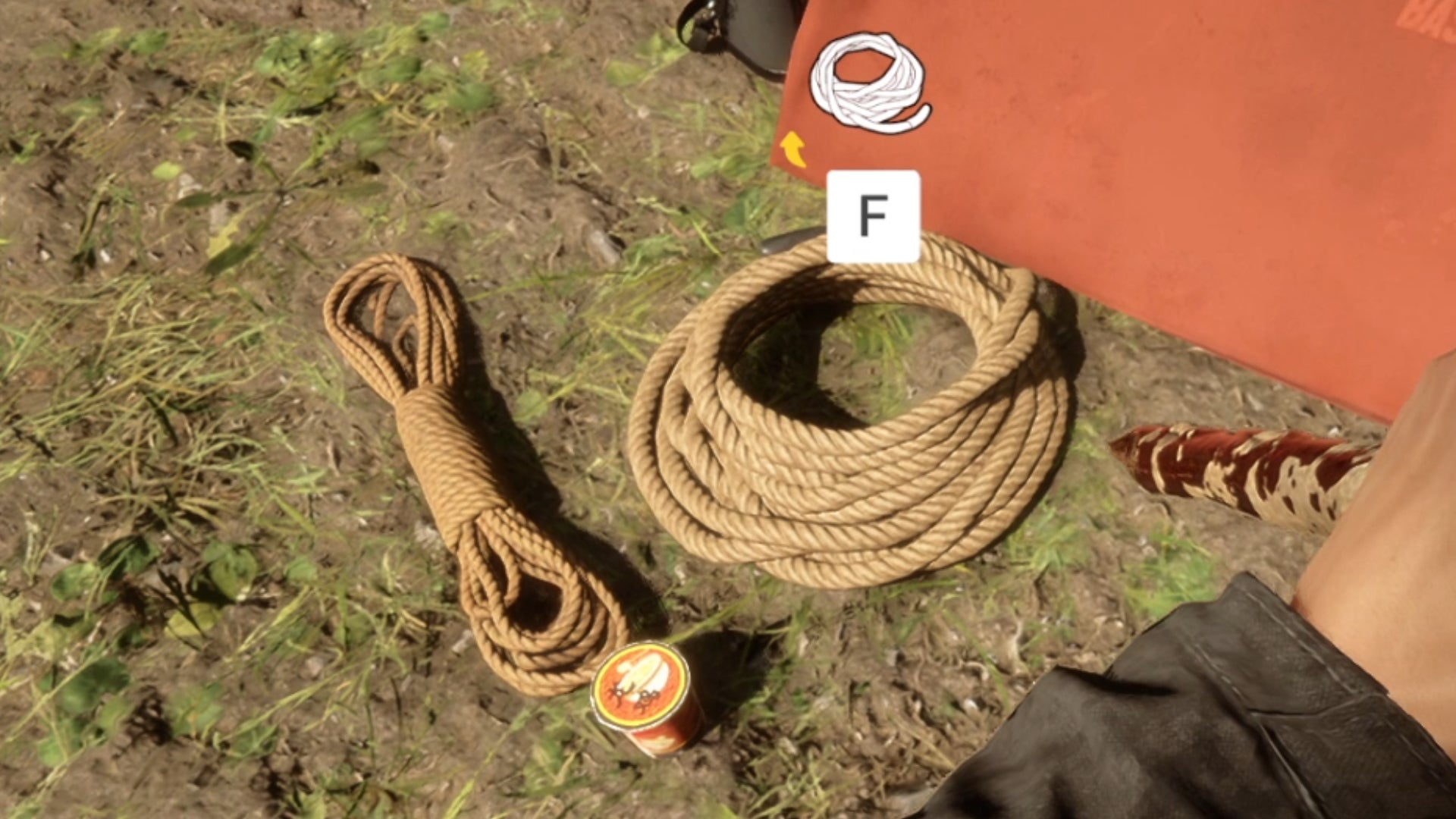 Two lengths of Rope lying on the ground outside a tent in Sons Of The Forest.