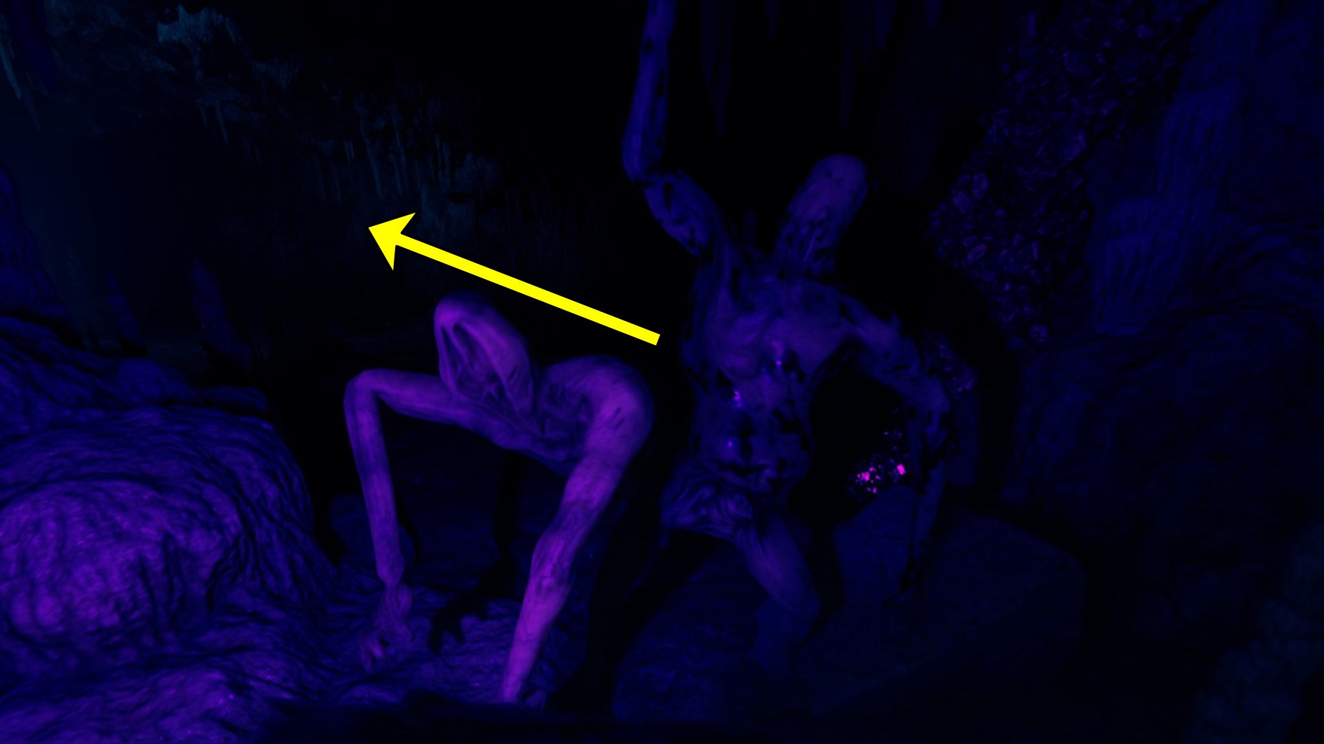 Un enemigo gemelo en Sons Of The Forest ataca al jugador en una cueva.