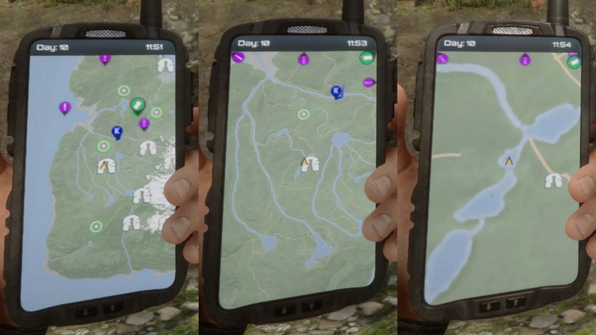 Three side by side screenshots of the GPS in Sons Of The Forest, showing the location of the Stun Baton at various zoom levels.