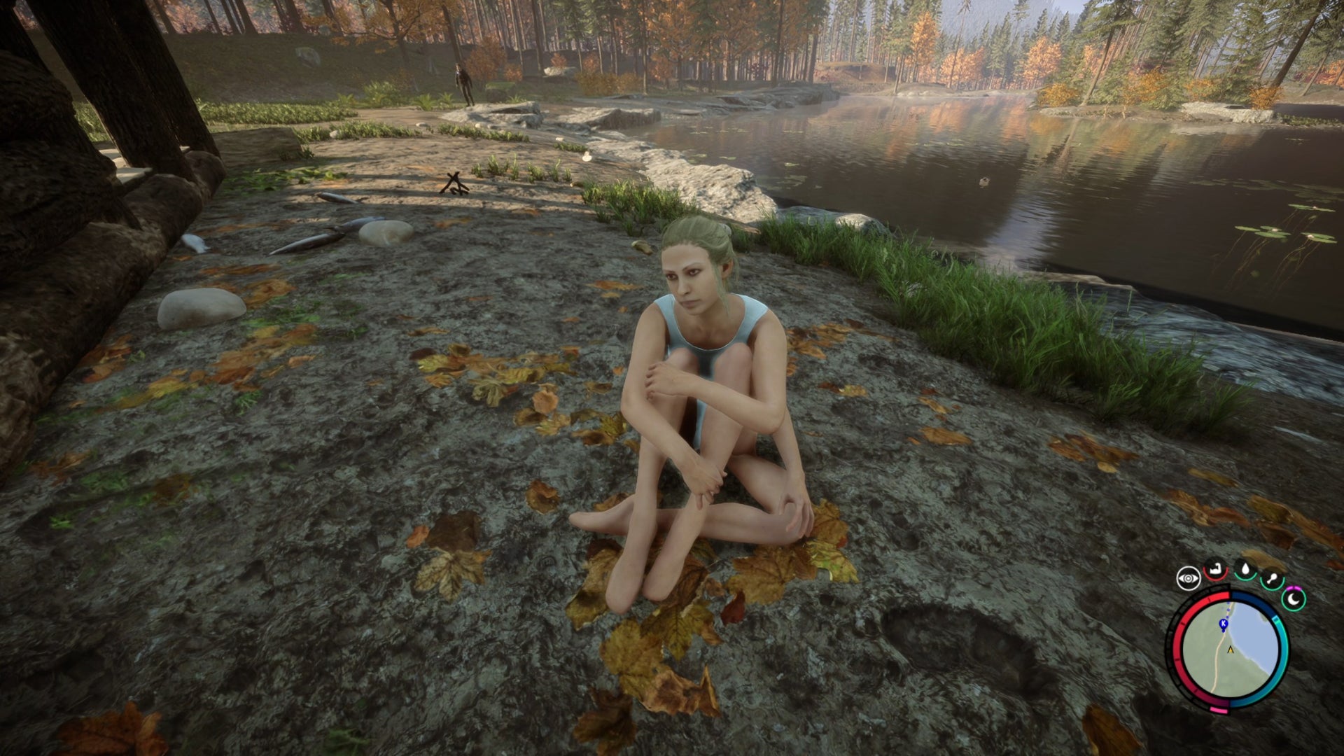 Virginia, an NPC companion in Sons Of The Forest, sits down next to a river and looks up at the player camera.