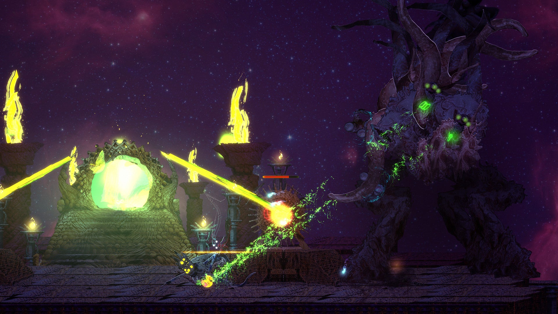 An Acolyte fights a Lovecraftian monstrosity as a green portal glows in the background.