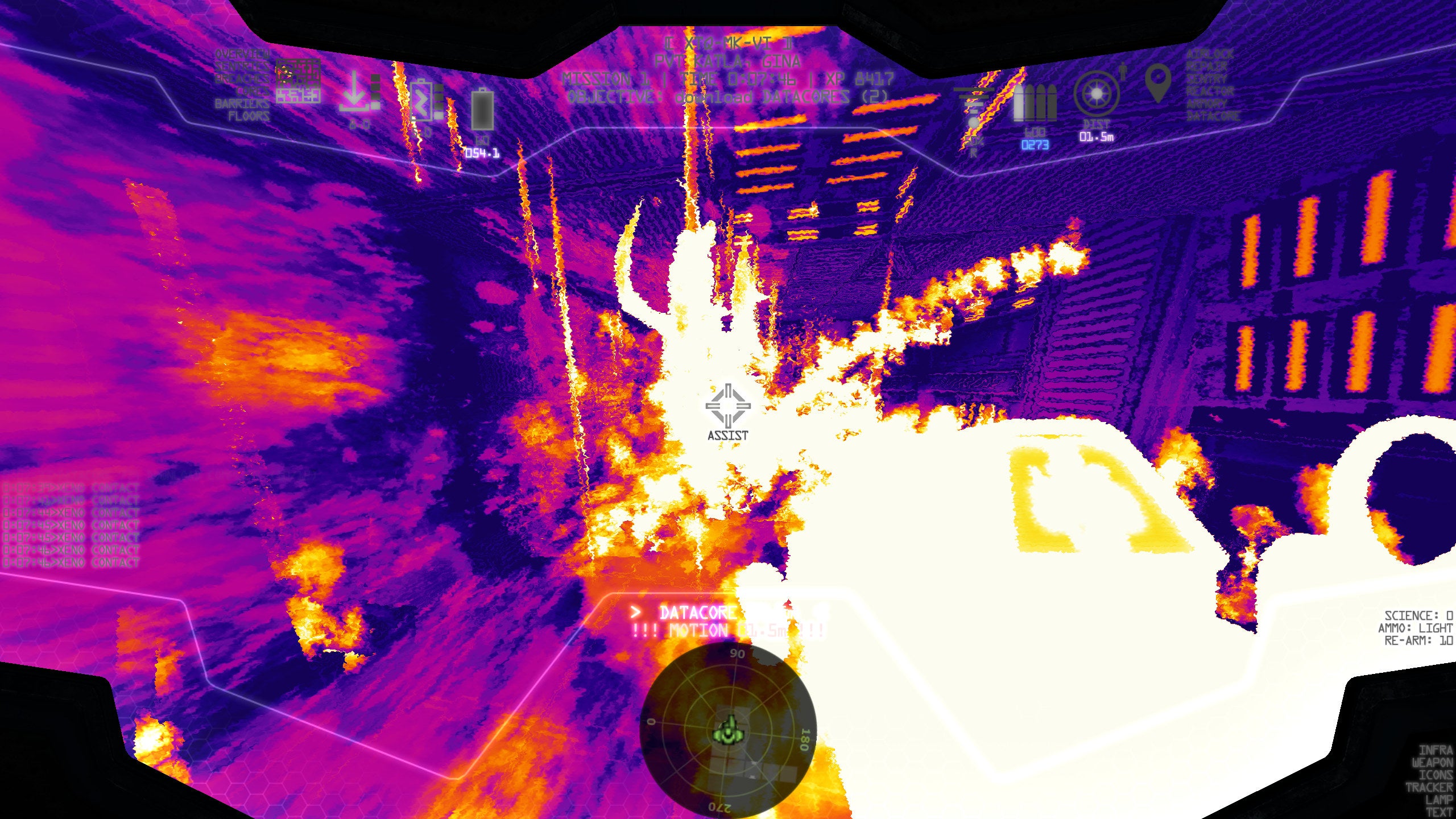 A thermal vision view of fighting aliens in Space Beast Terror Fright.